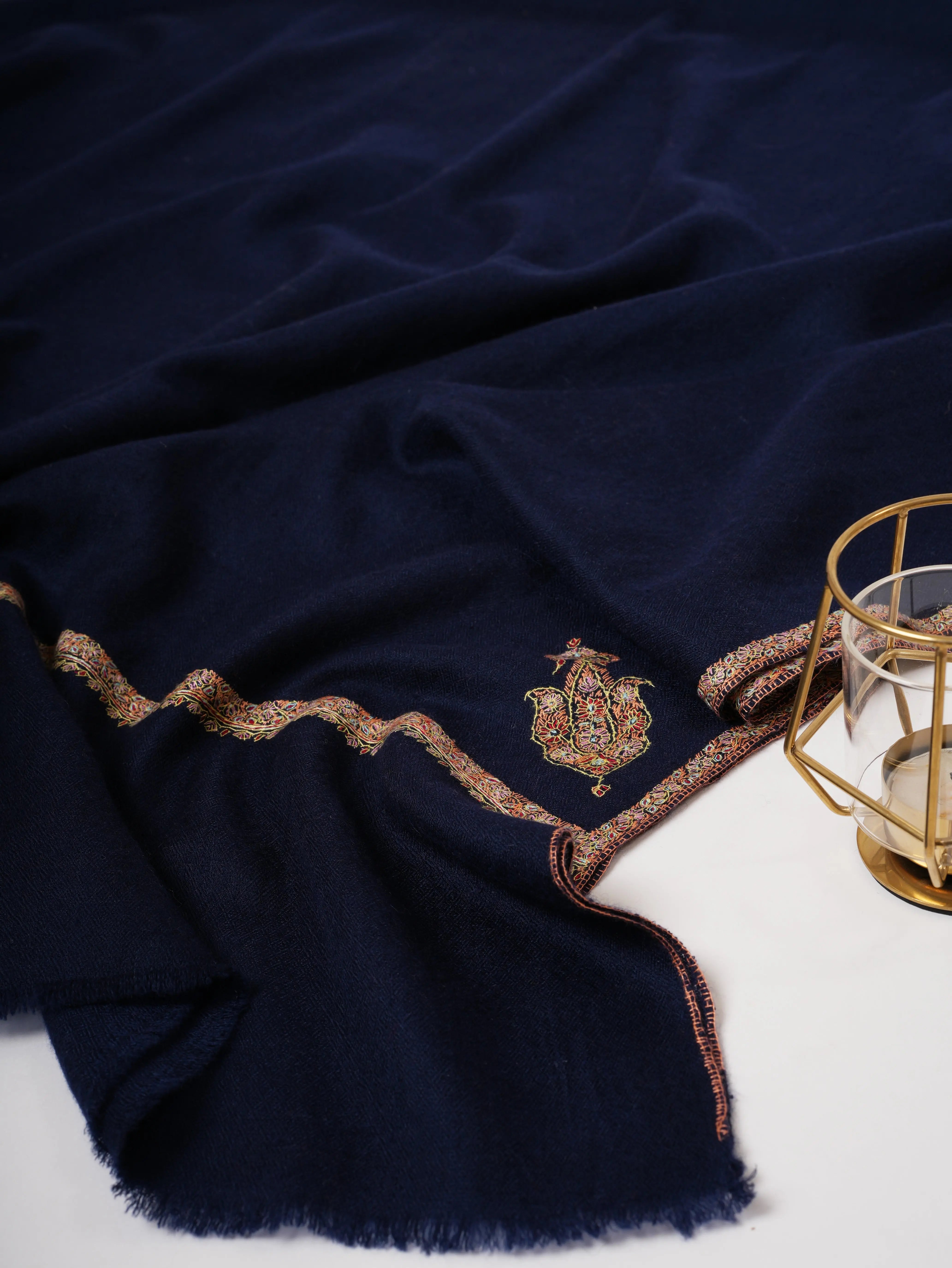 Dark Blue Bail Embroidered Soft Pashmina Shawl – Handcrafted Luxury Shahkaar