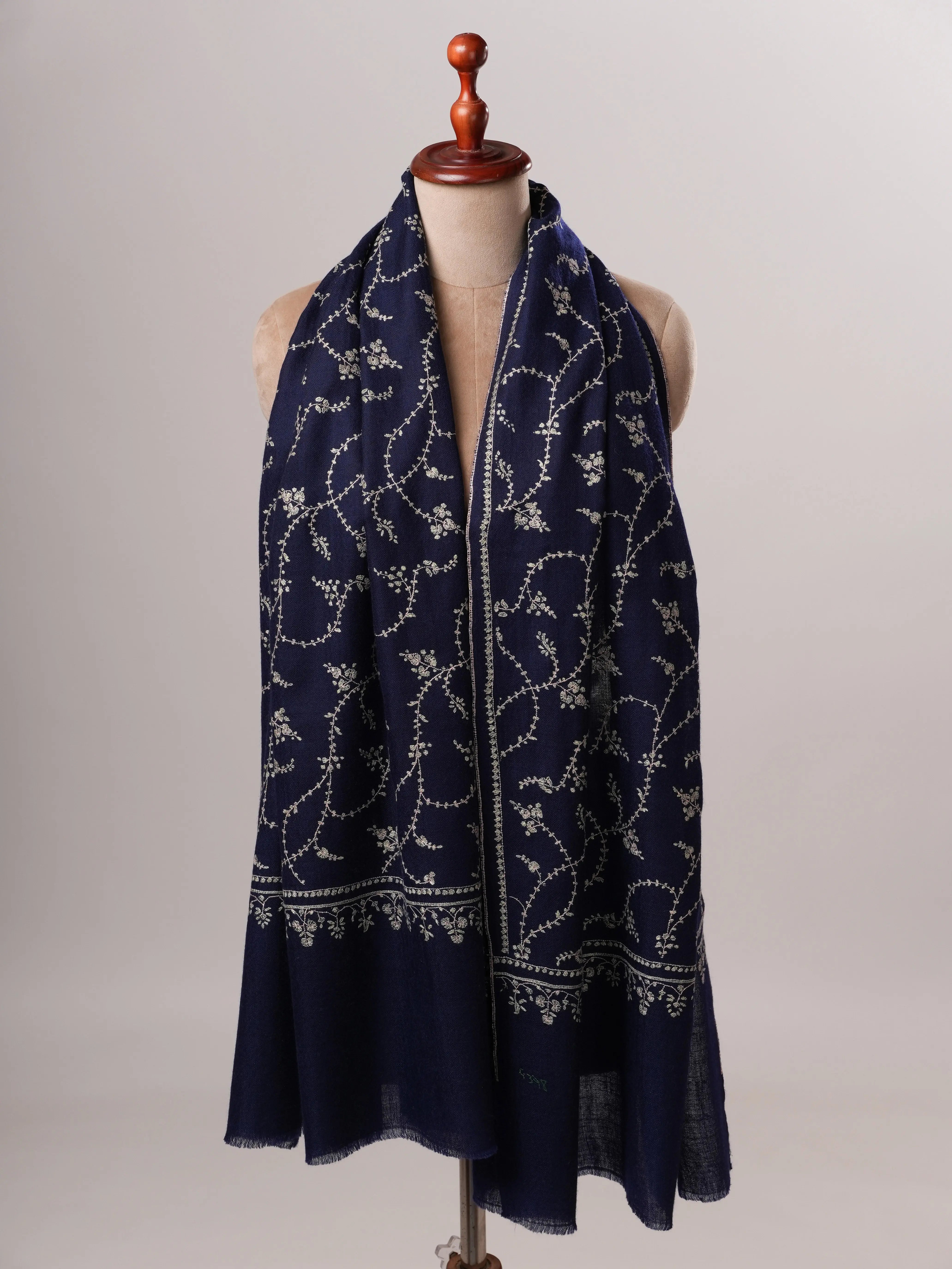Dark Blue Cashmere Scarf with All-Over Classic Kashmiri Jali Embroidery Shahkaar