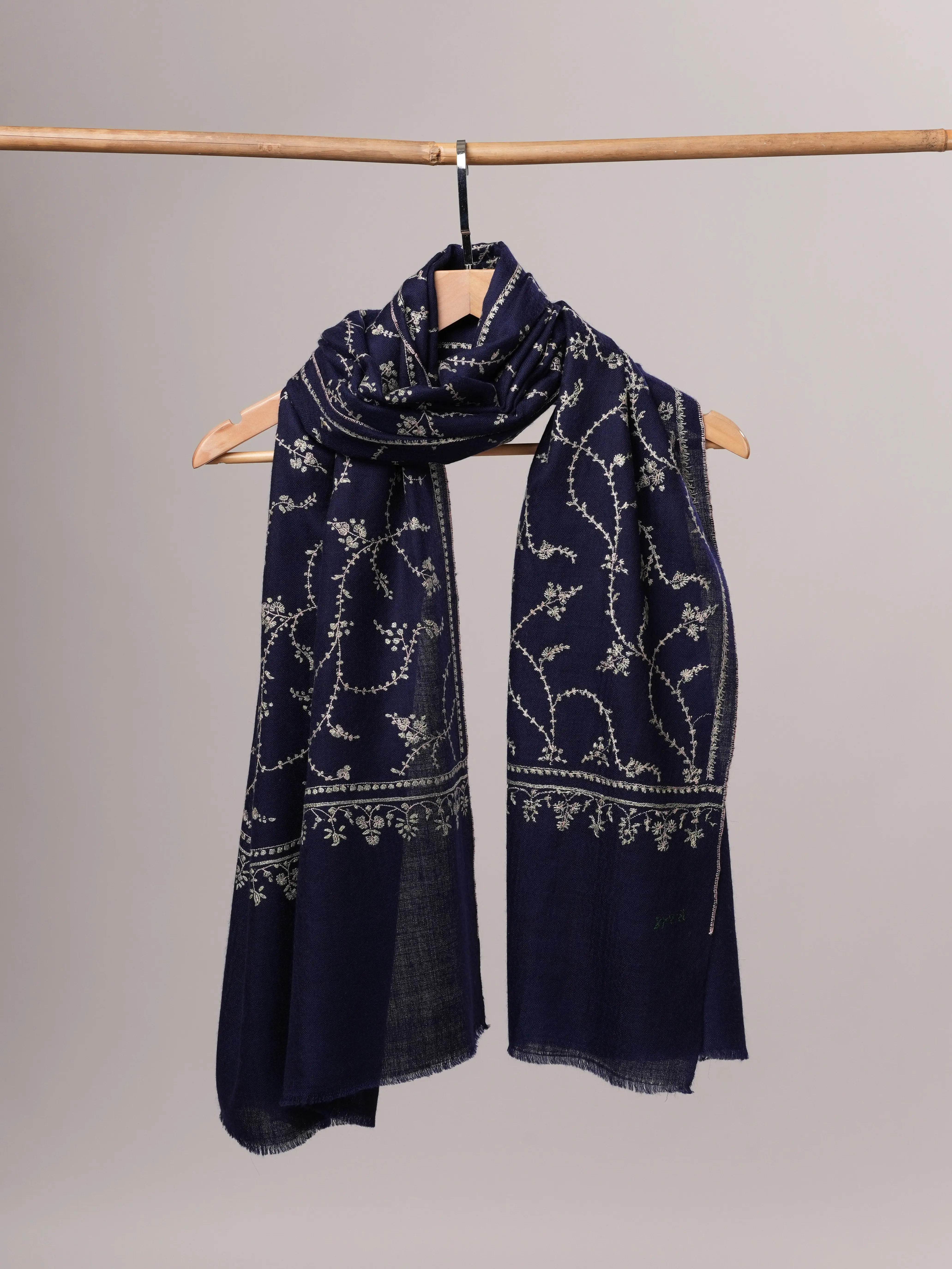 Dark Blue Cashmere Scarf with All-Over Classic Kashmiri Jali Embroidery Shahkaar