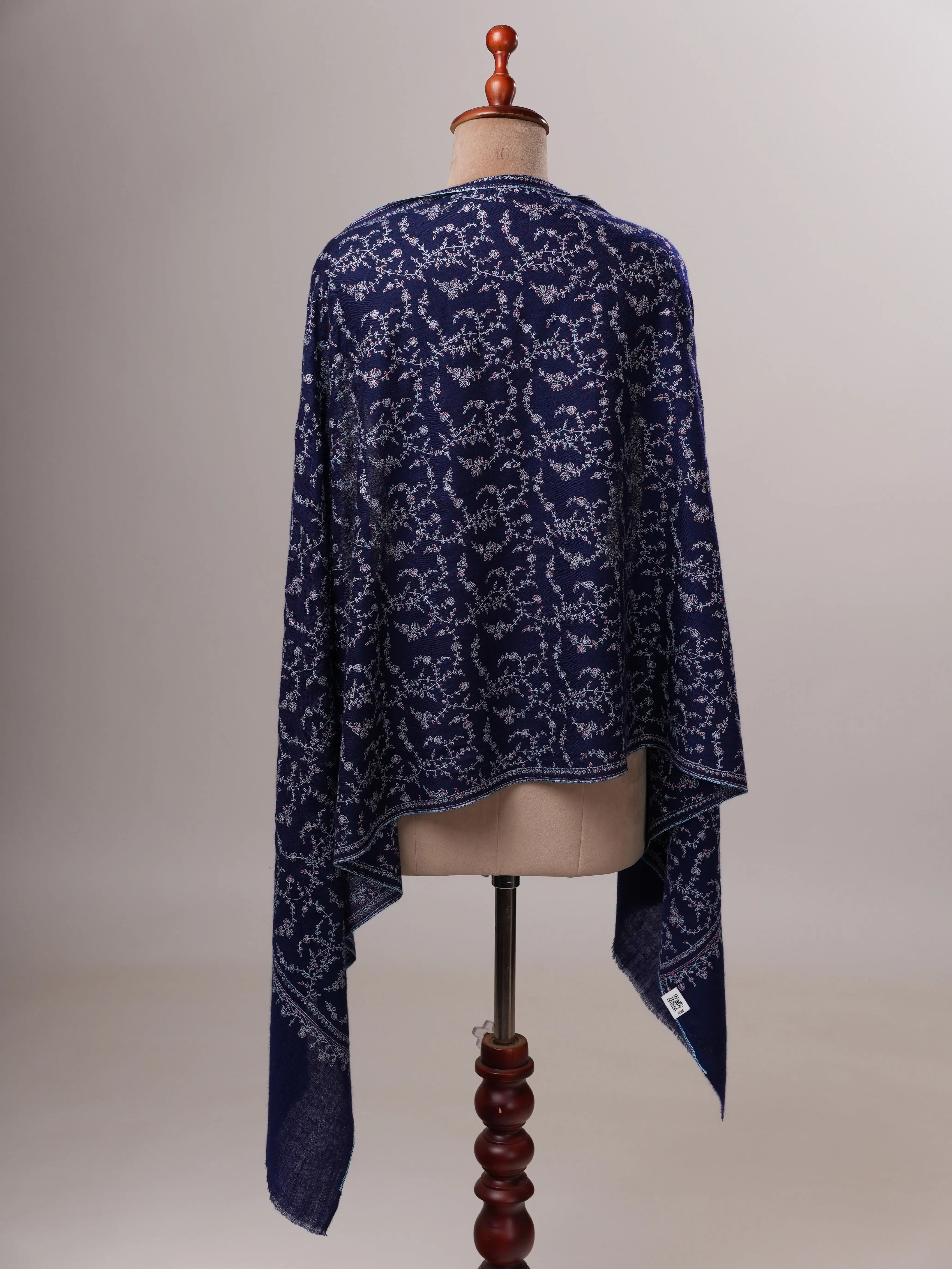 Dark Blue Cashmere Scarf with All-Over Sozni Hand Embroidery Shahkaar