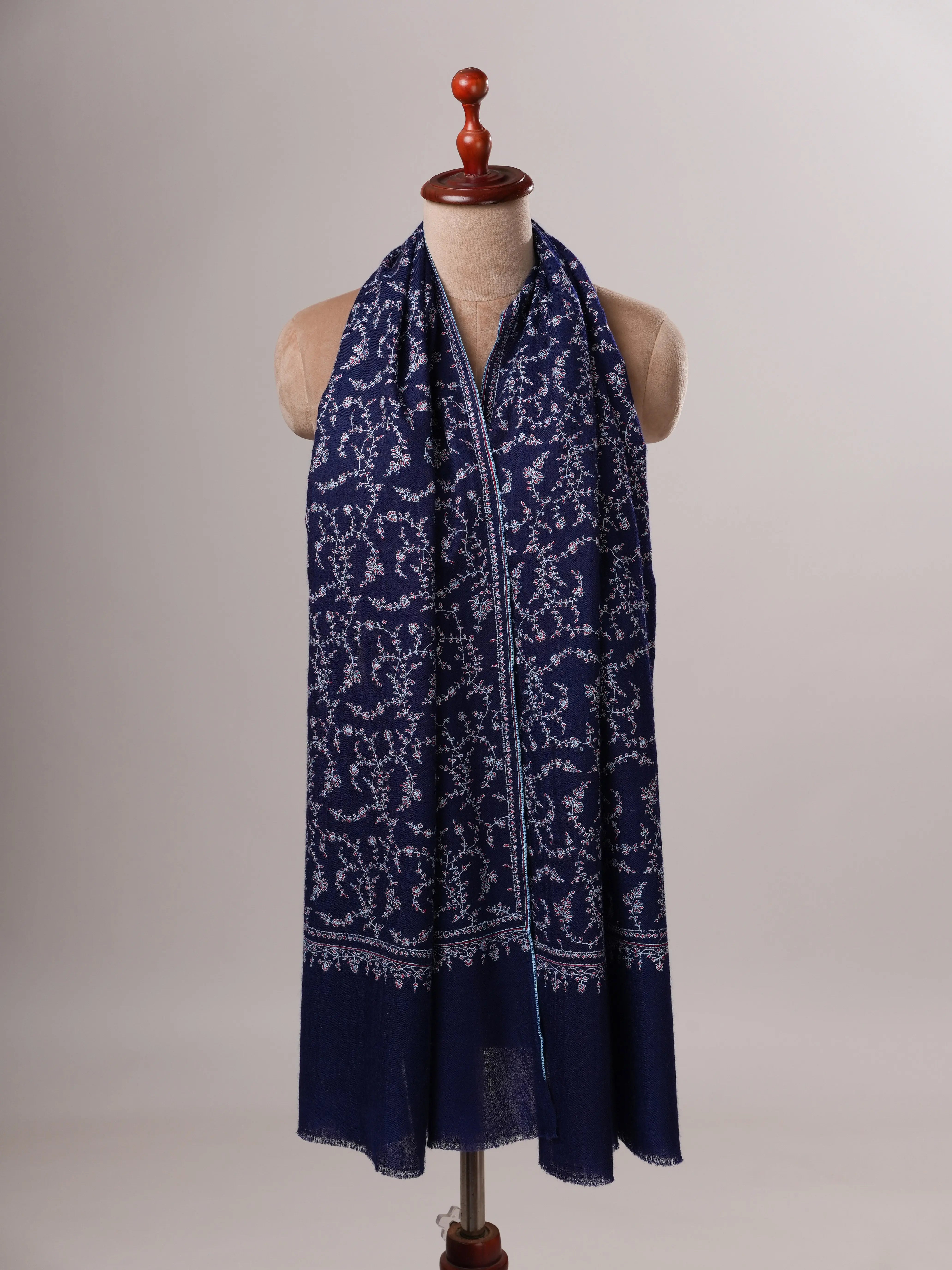 Dark Blue Cashmere Scarf with All-Over Sozni Hand Embroidery Shahkaar