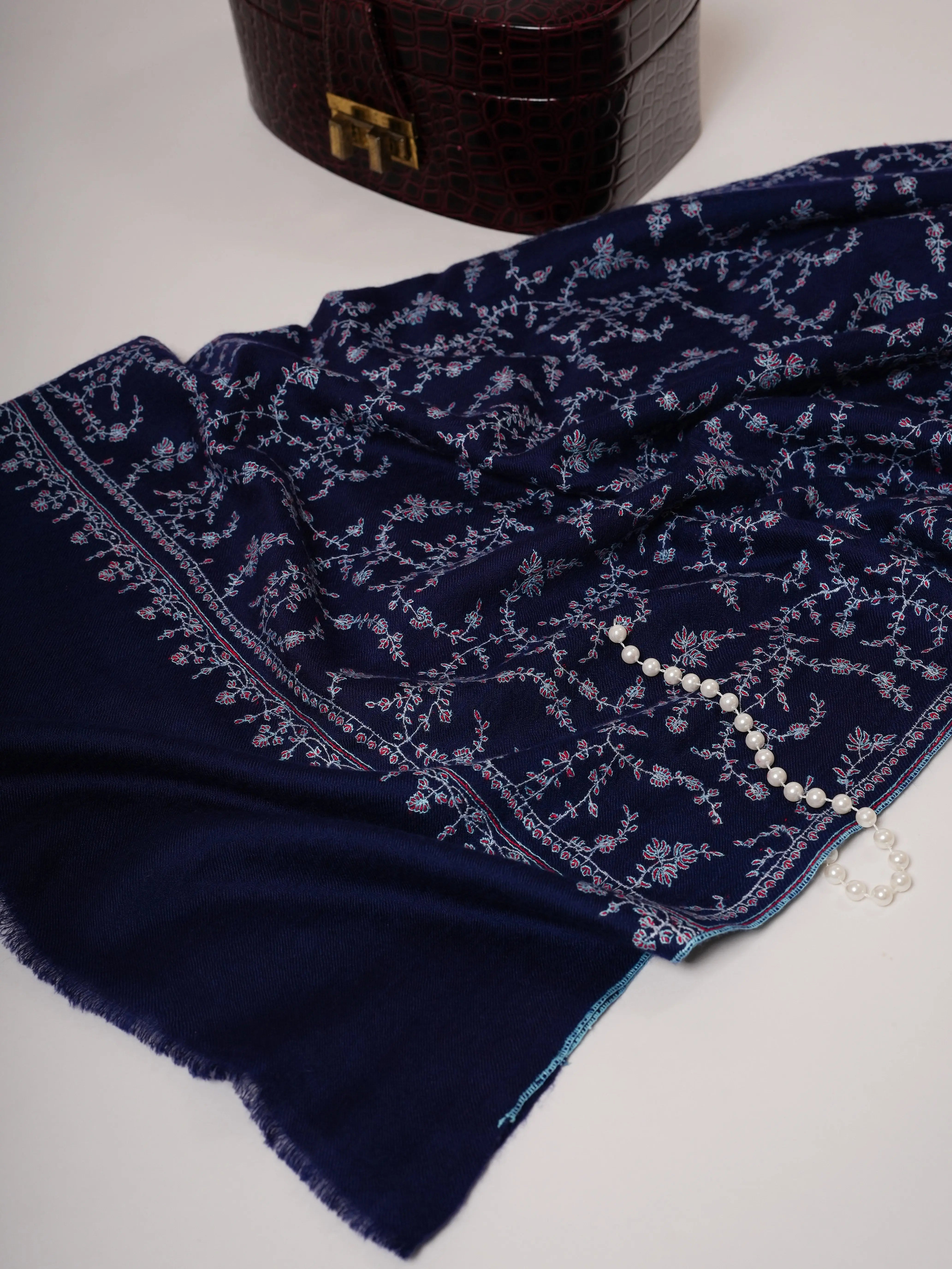 Dark Blue Cashmere Scarf with All-Over Sozni Hand Embroidery Shahkaar
