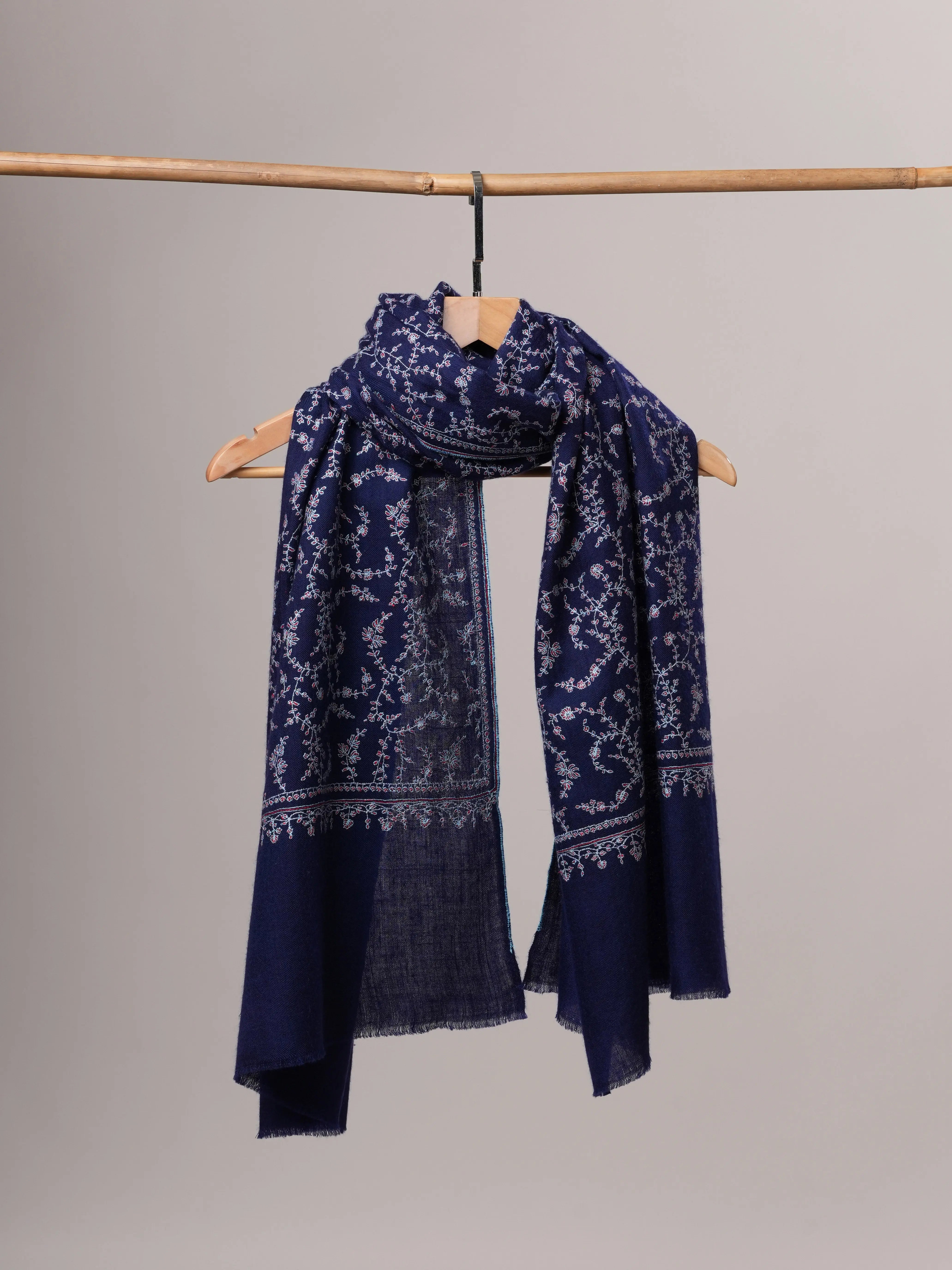 Dark Blue Cashmere Scarf with All-Over Sozni Hand Embroidery Shahkaar