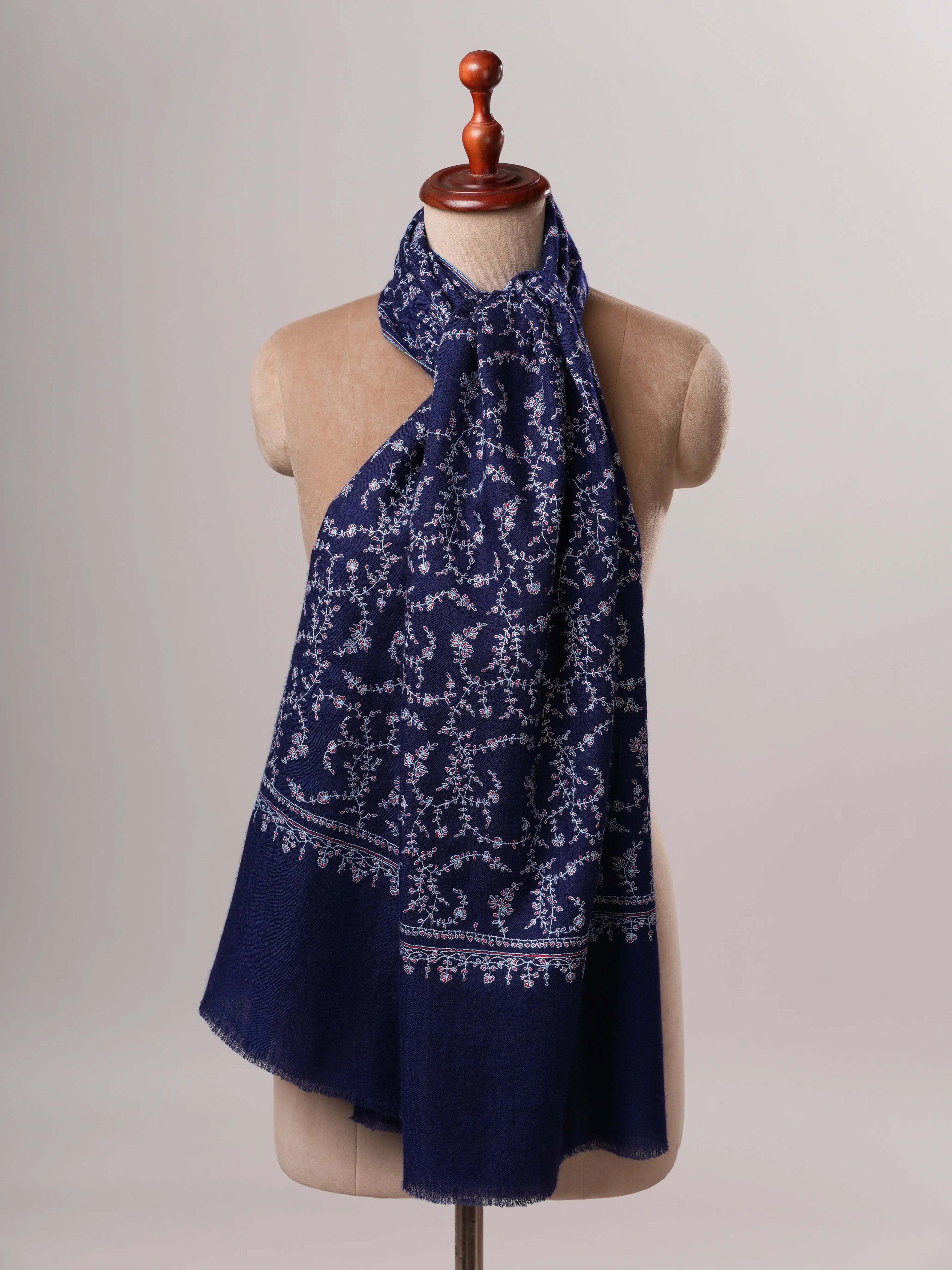 Dark Blue Cashmere Scarf with All-Over Sozni Hand Embroidery Shahkaar