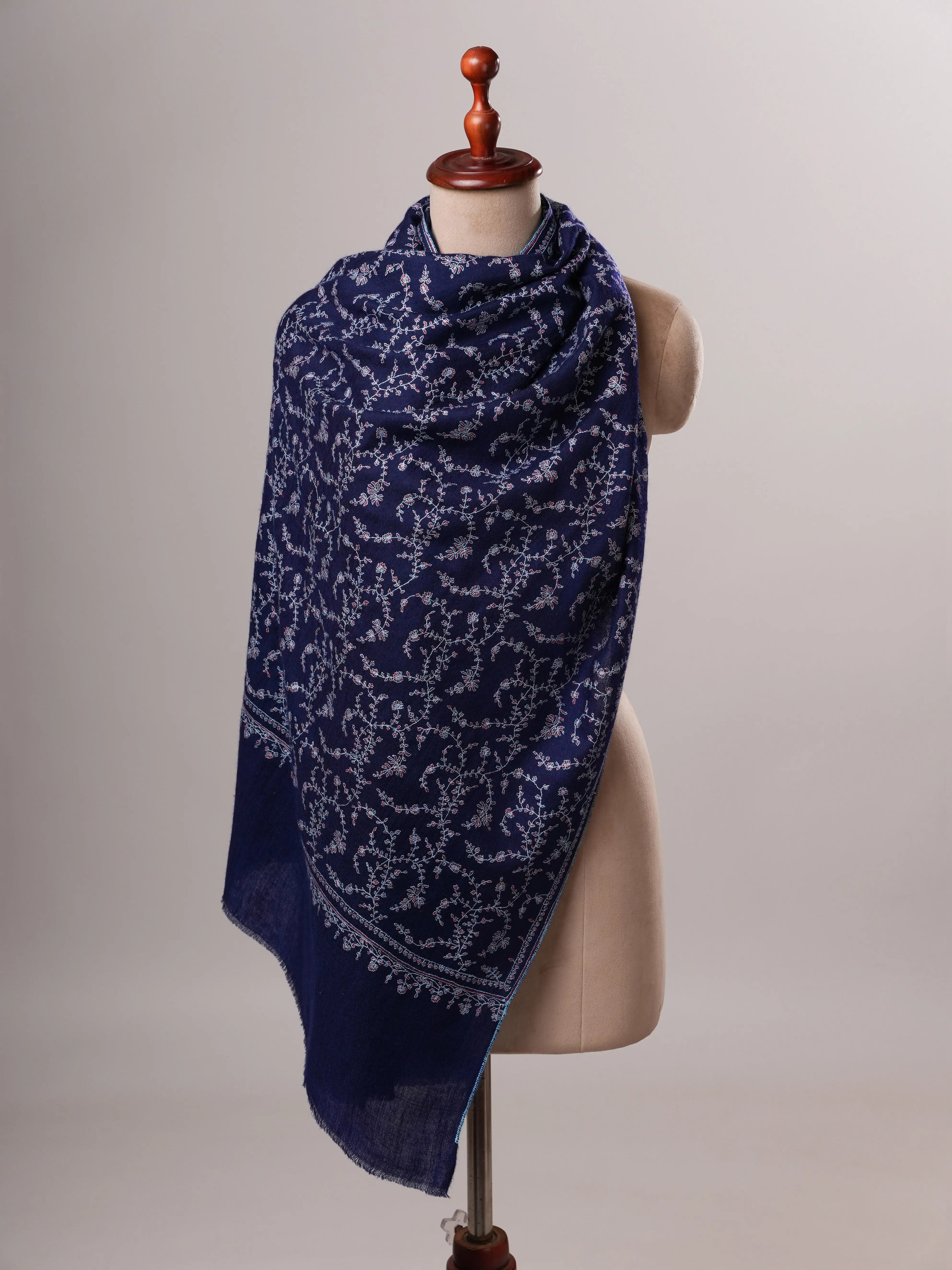 Dark Blue Cashmere Scarf with All-Over Sozni Hand Embroidery Shahkaar