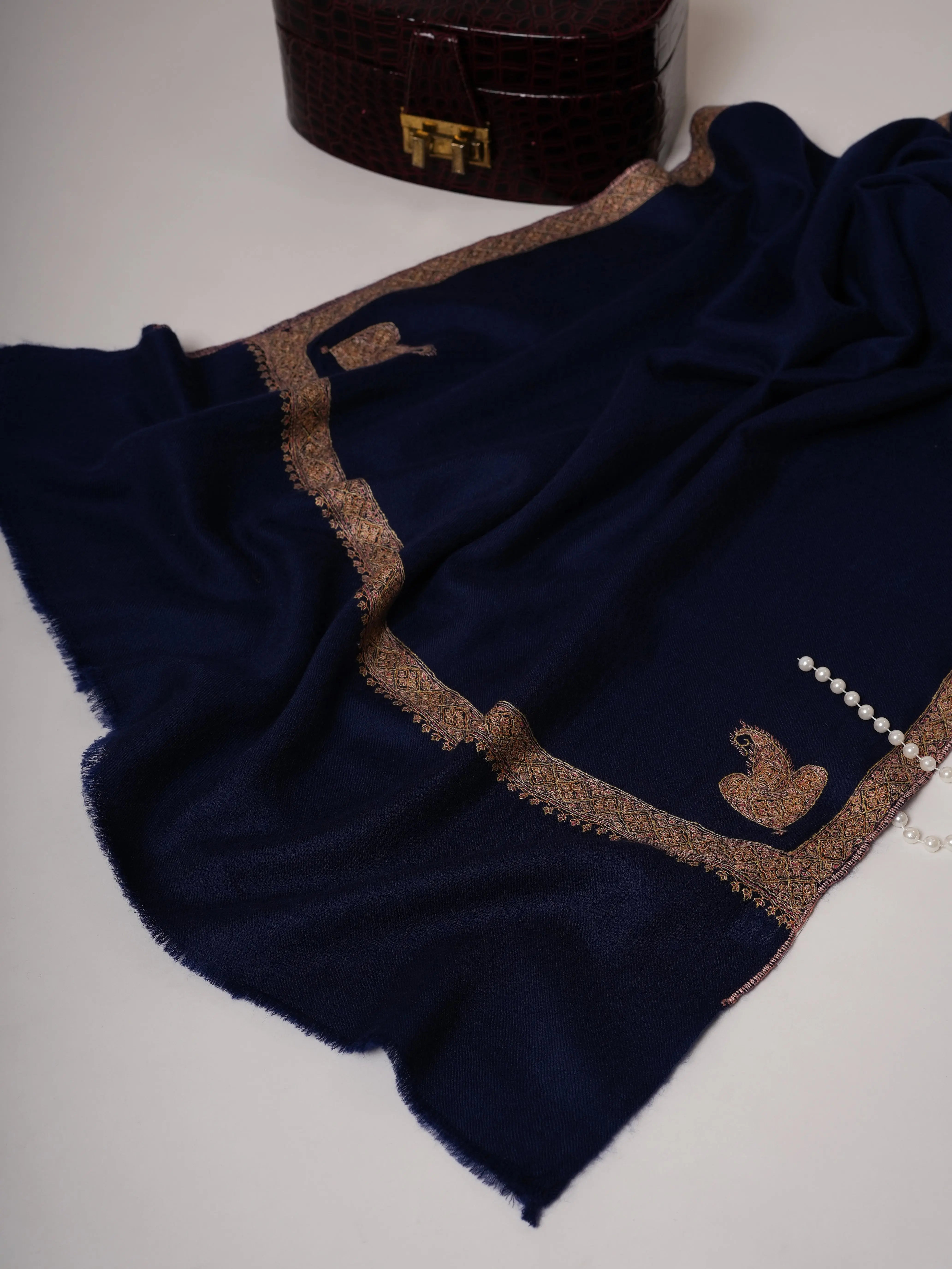 Dark Blue Cashmere Scarf with Classic Hand Embroidery Shahkaar