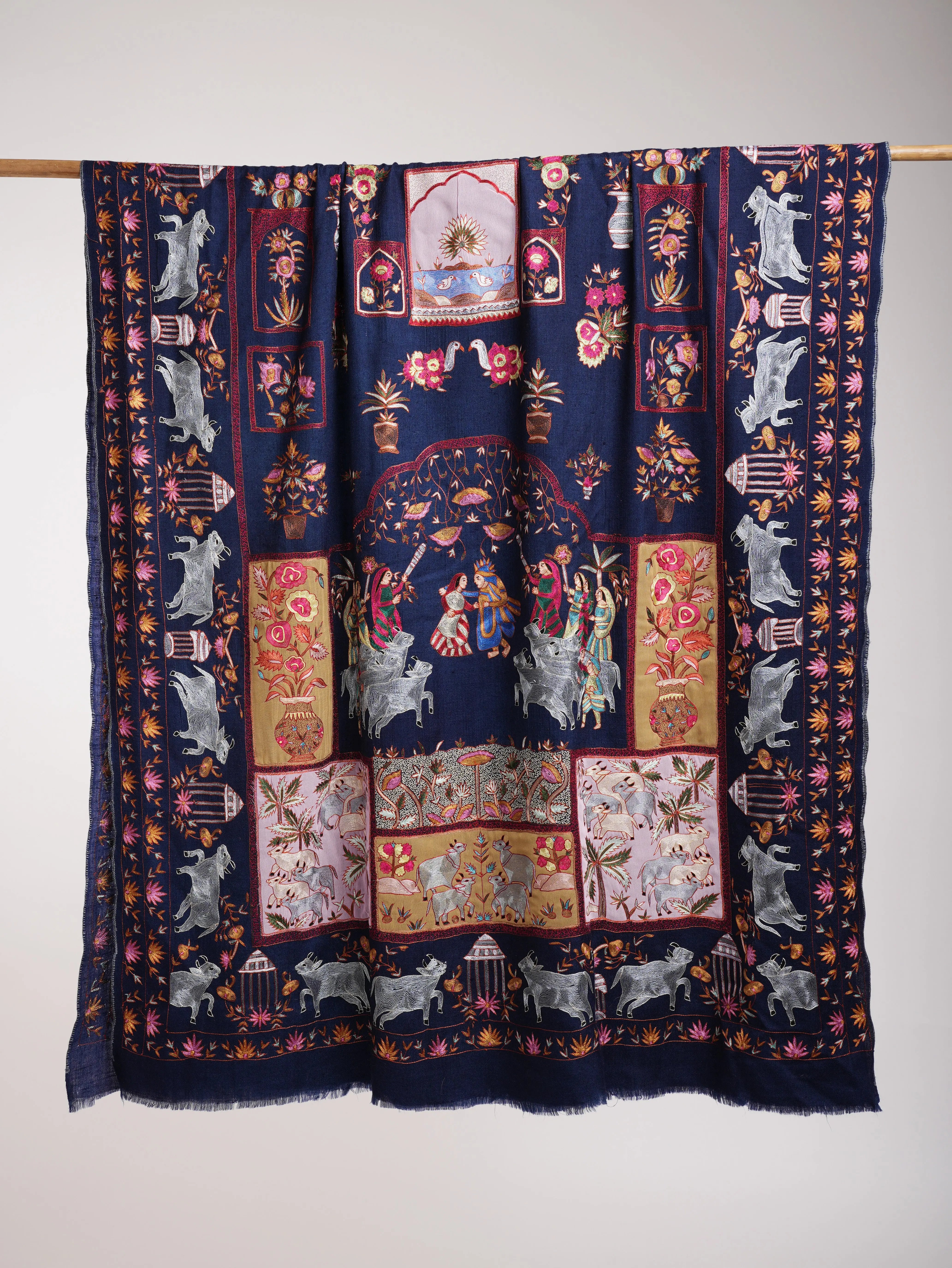 Dark Blue Hand Arty Silk Embroidered Indian Pashmina Shawl Shahkaar