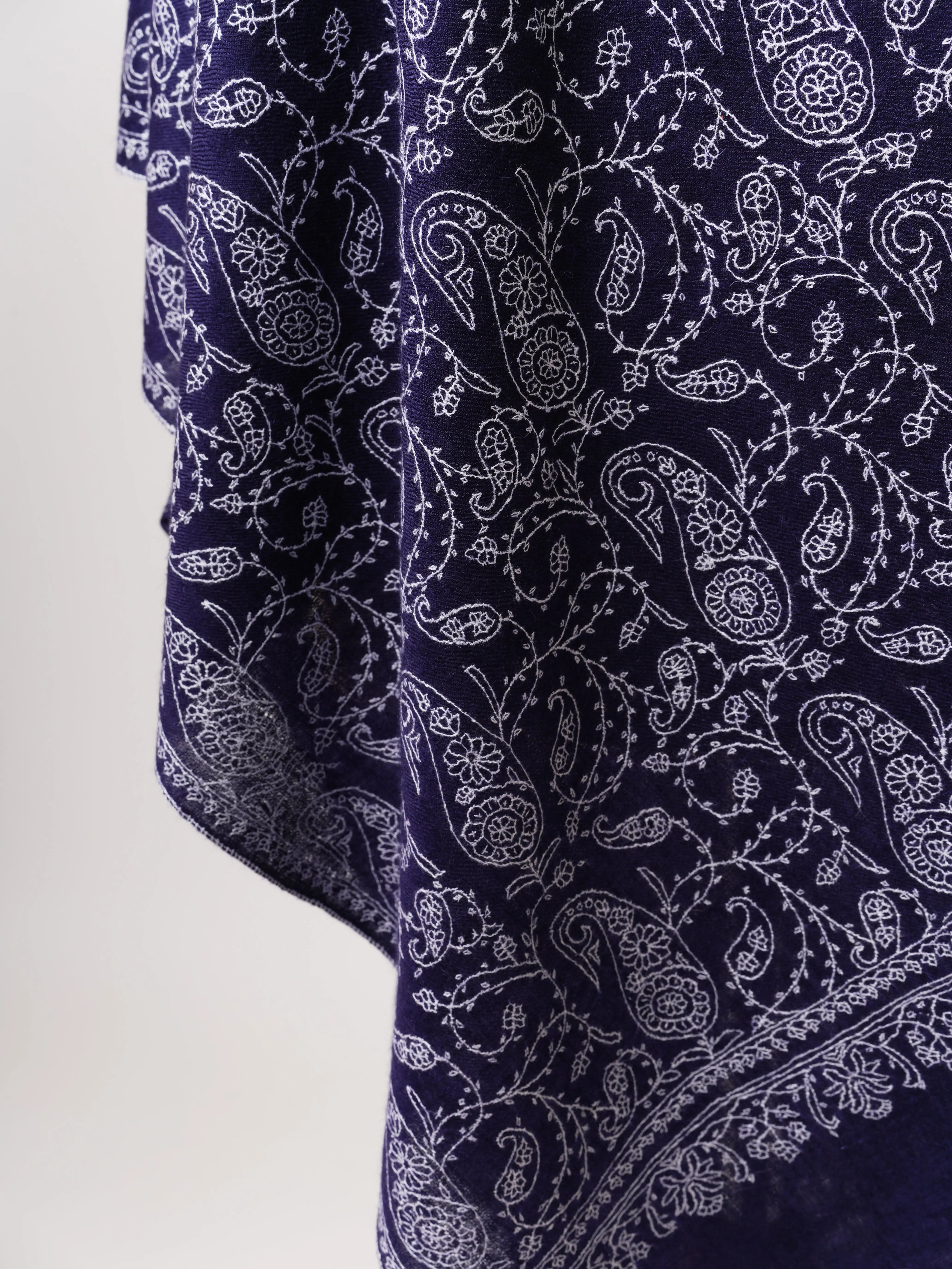 Dark Blue Jali Embroidered Baby Soft Cashmere Scarf – Handwoven Luxury from Kashmir Shahkaar