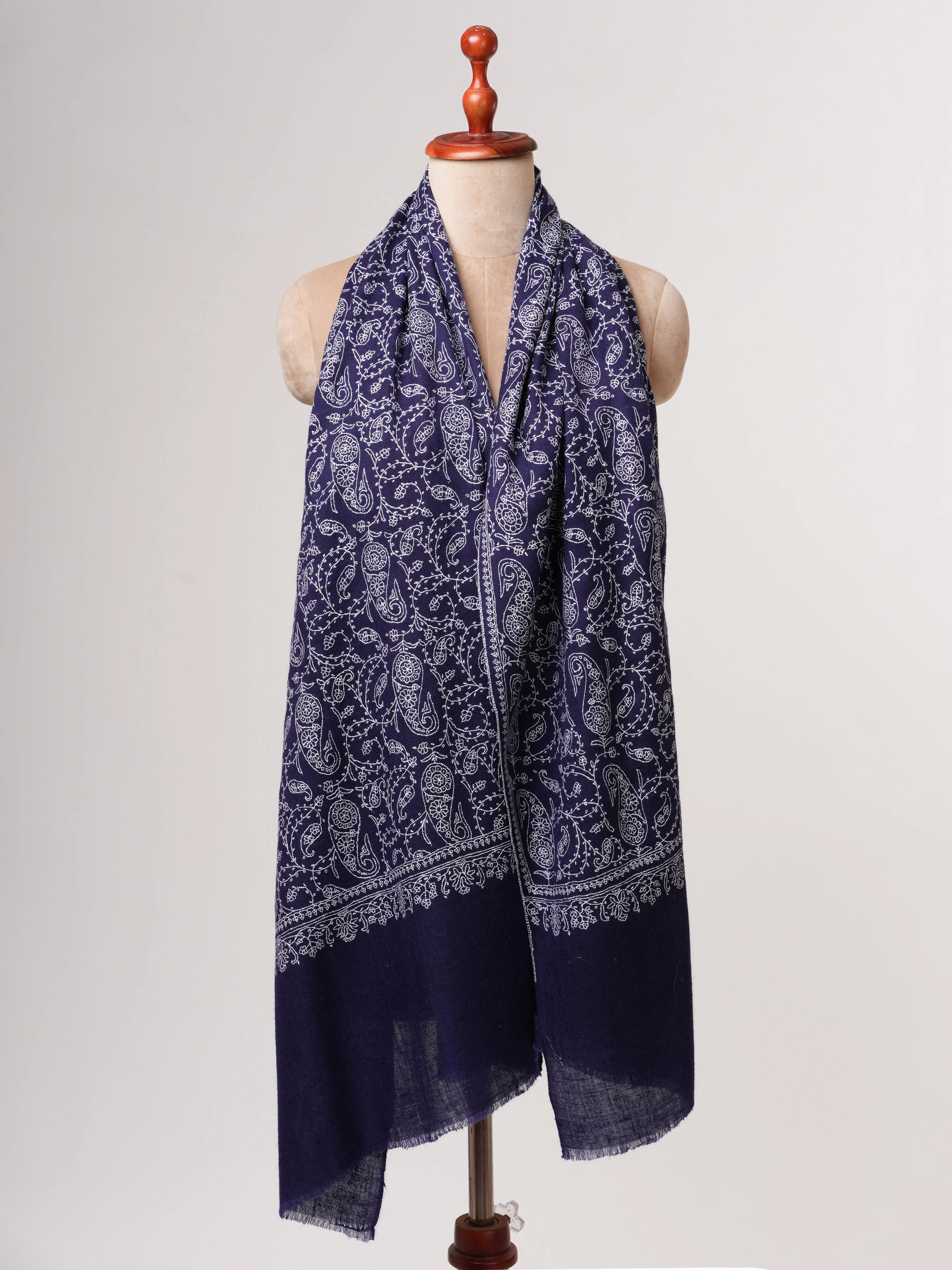 Dark Blue Jali Embroidered Baby Soft Cashmere Scarf – Handwoven Luxury from Kashmir Shahkaar