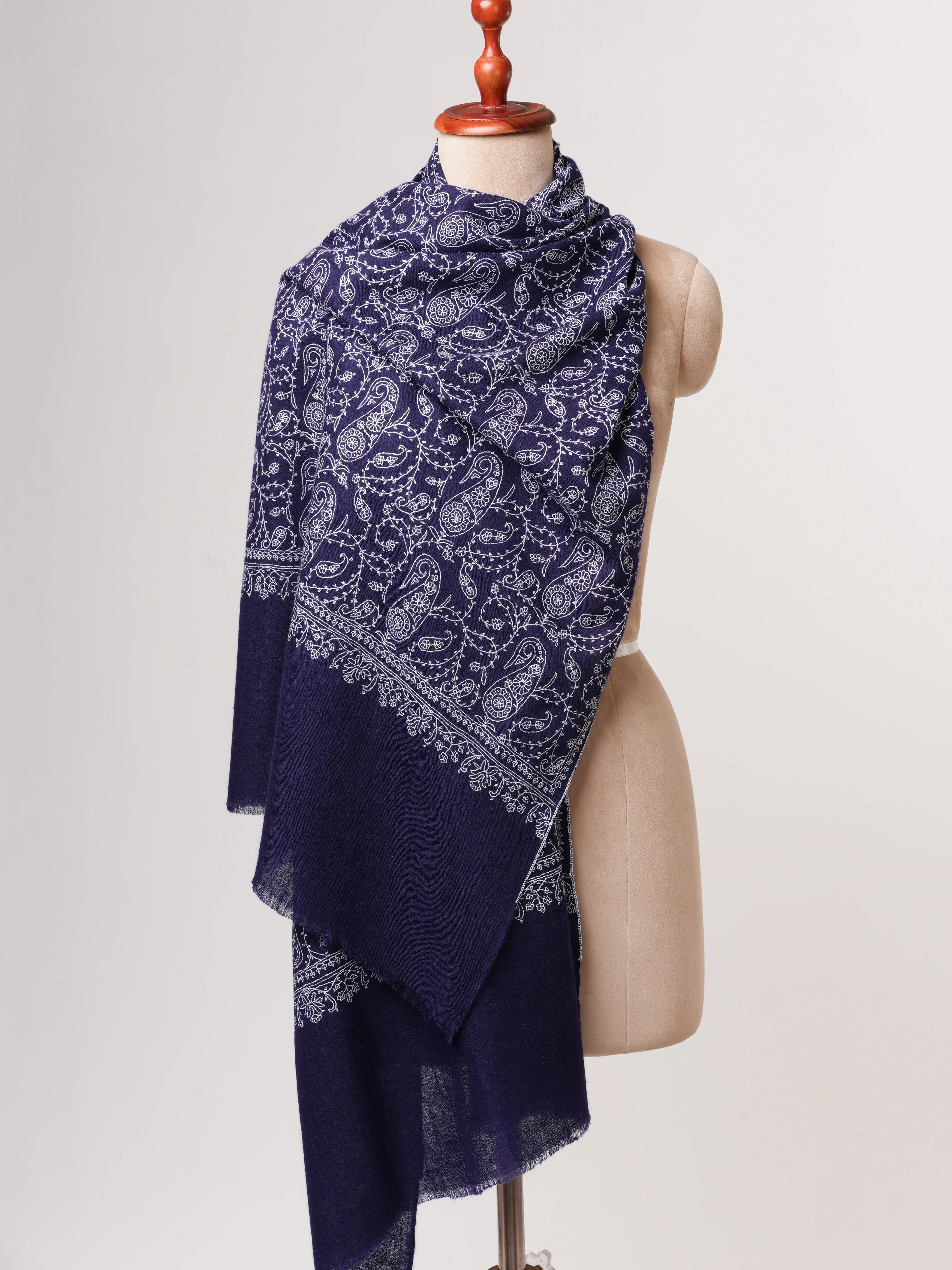 Dark Blue Jali Embroidered Baby Soft Cashmere Scarf – Handwoven Luxury from Kashmir Shahkaar