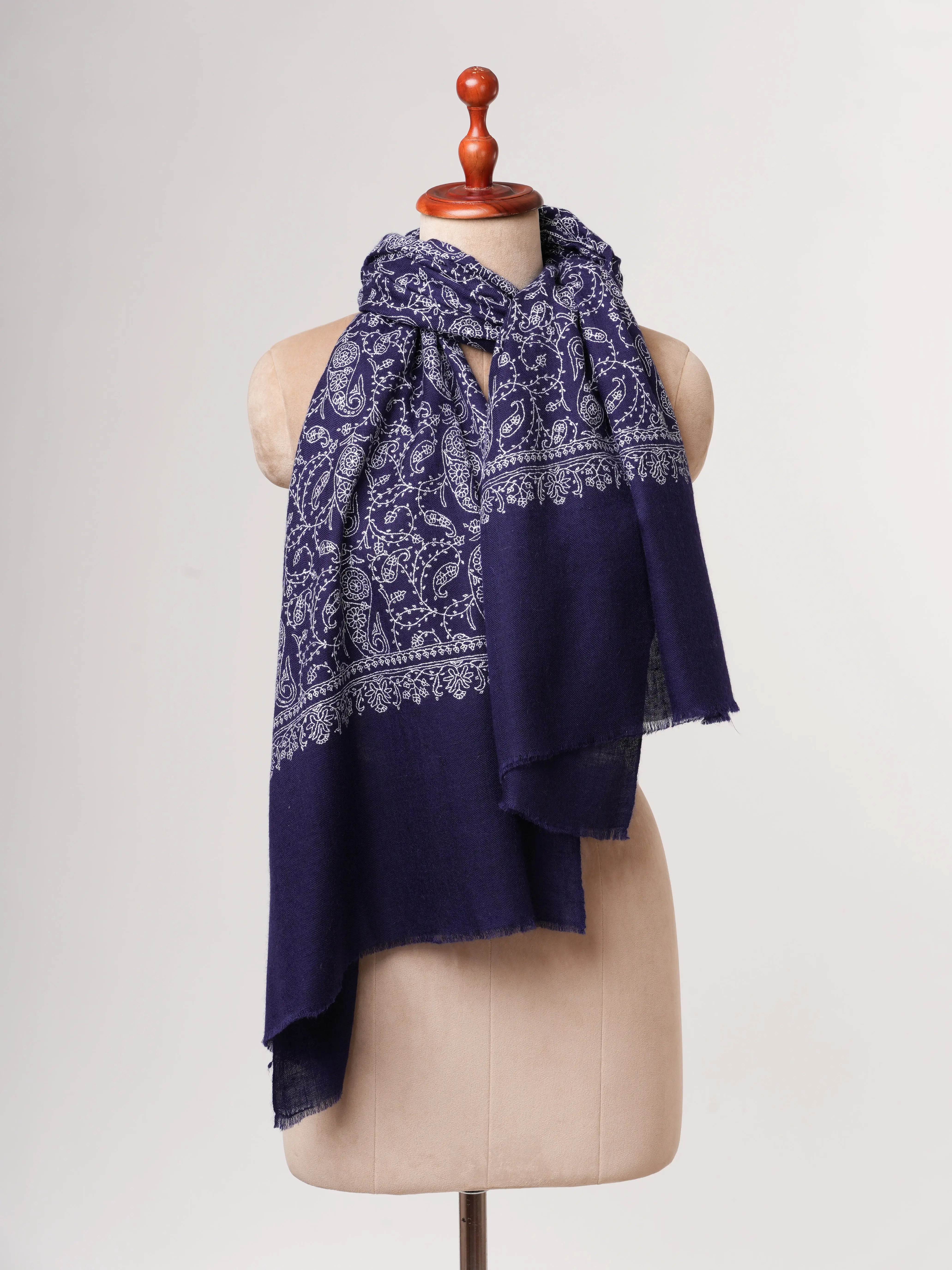 Dark Blue Jali Embroidered Baby Soft Cashmere Scarf – Handwoven Luxury from Kashmir Shahkaar