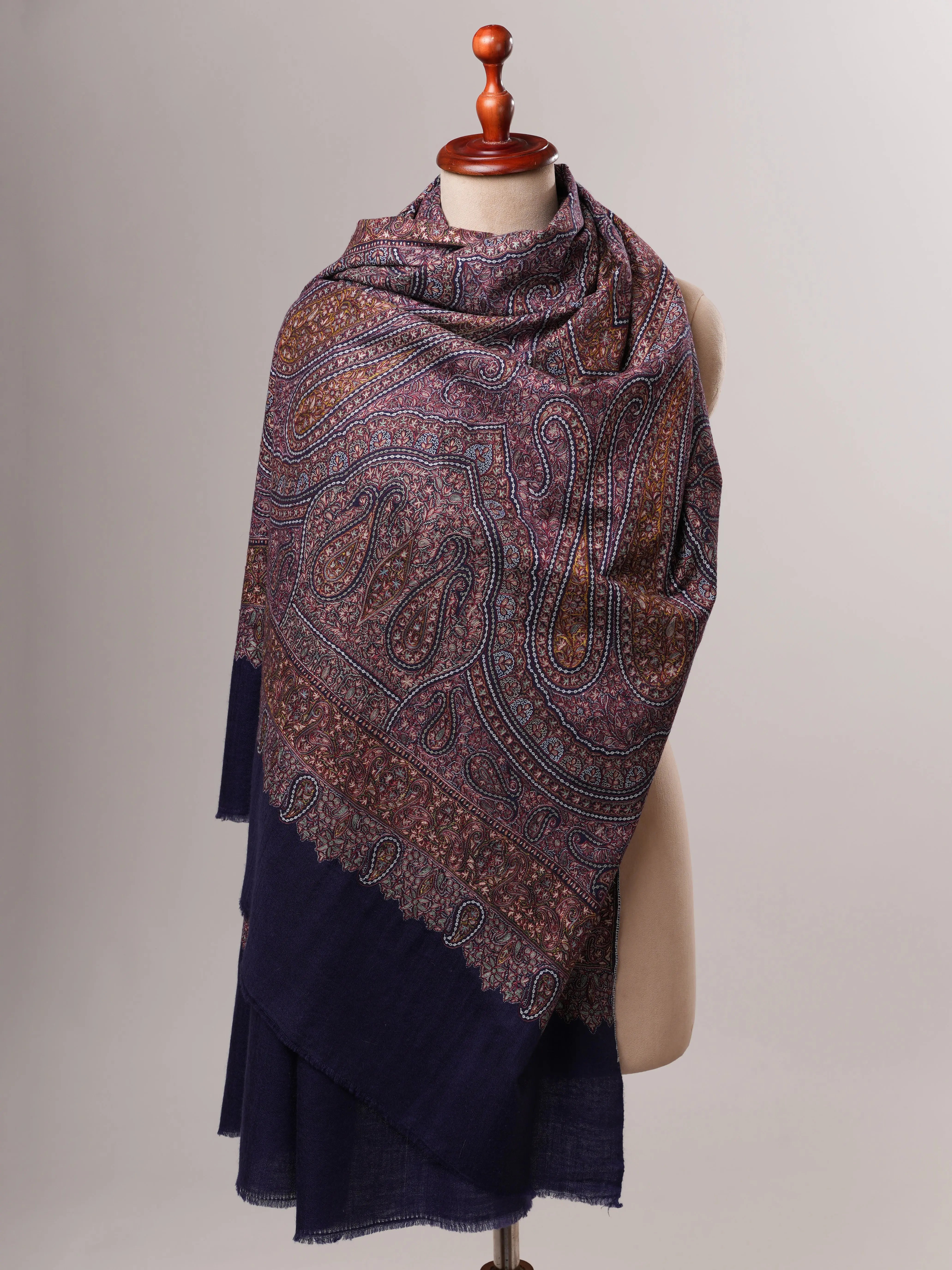 Dark Blue Jamavar Pashmina Shawl with Hand Hook & Sozni Embroidery Shahkaar