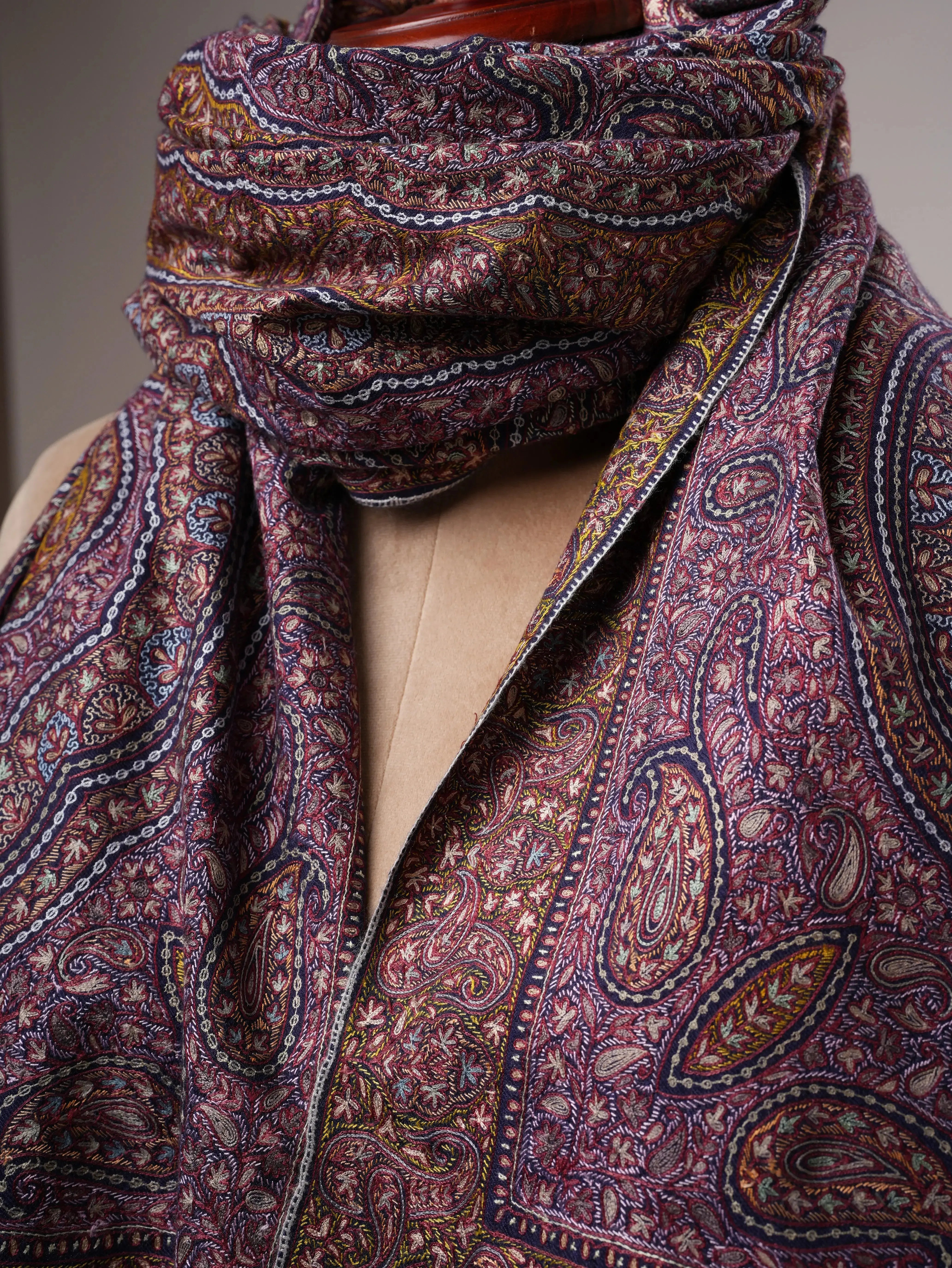 Dark Blue Jamavar Pashmina Shawl with Hand Hook & Sozni Embroidery Shahkaar