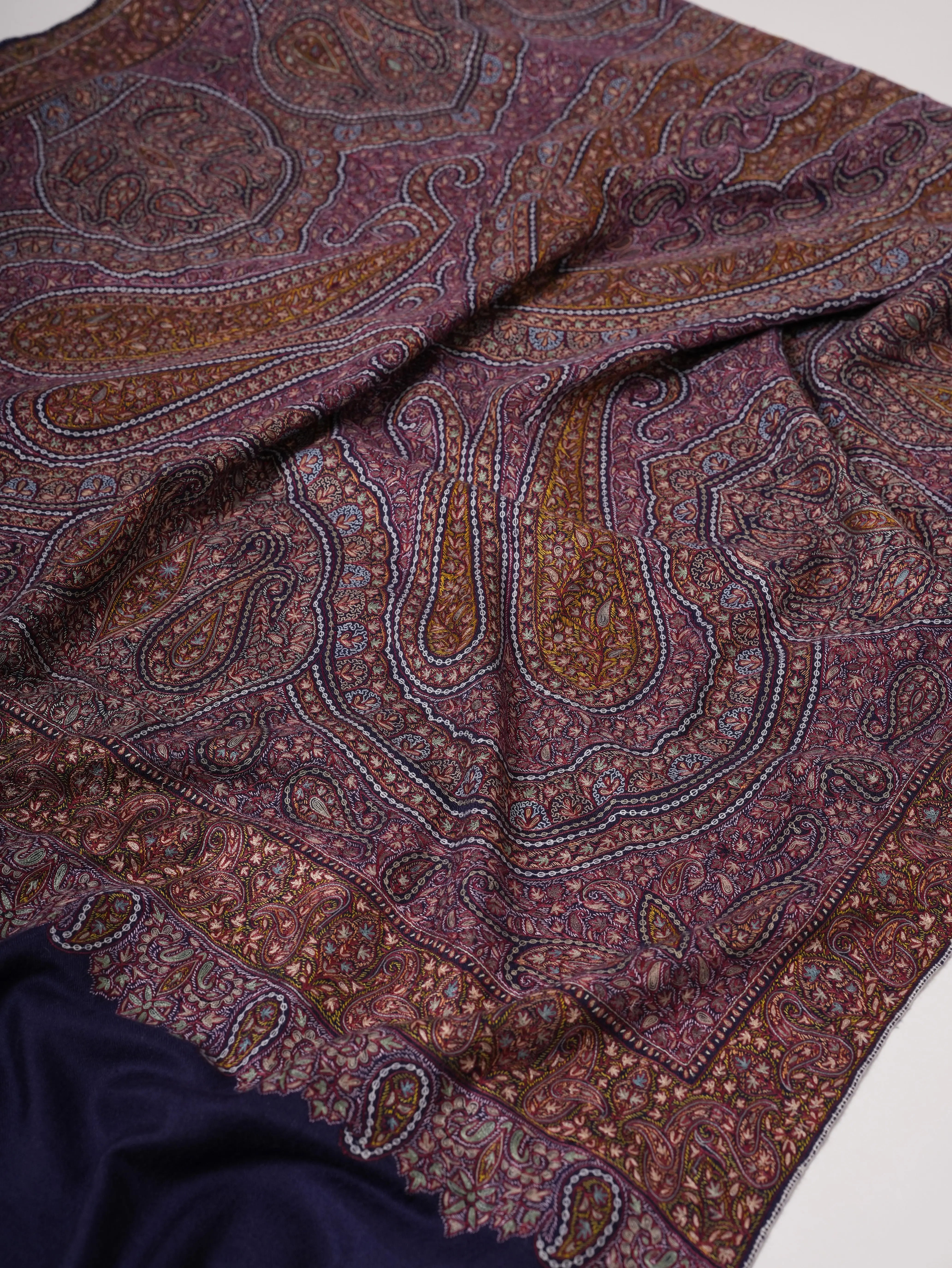 Dark Blue Jamavar Pashmina Shawl with Hand Hook & Sozni Embroidery Shahkaar