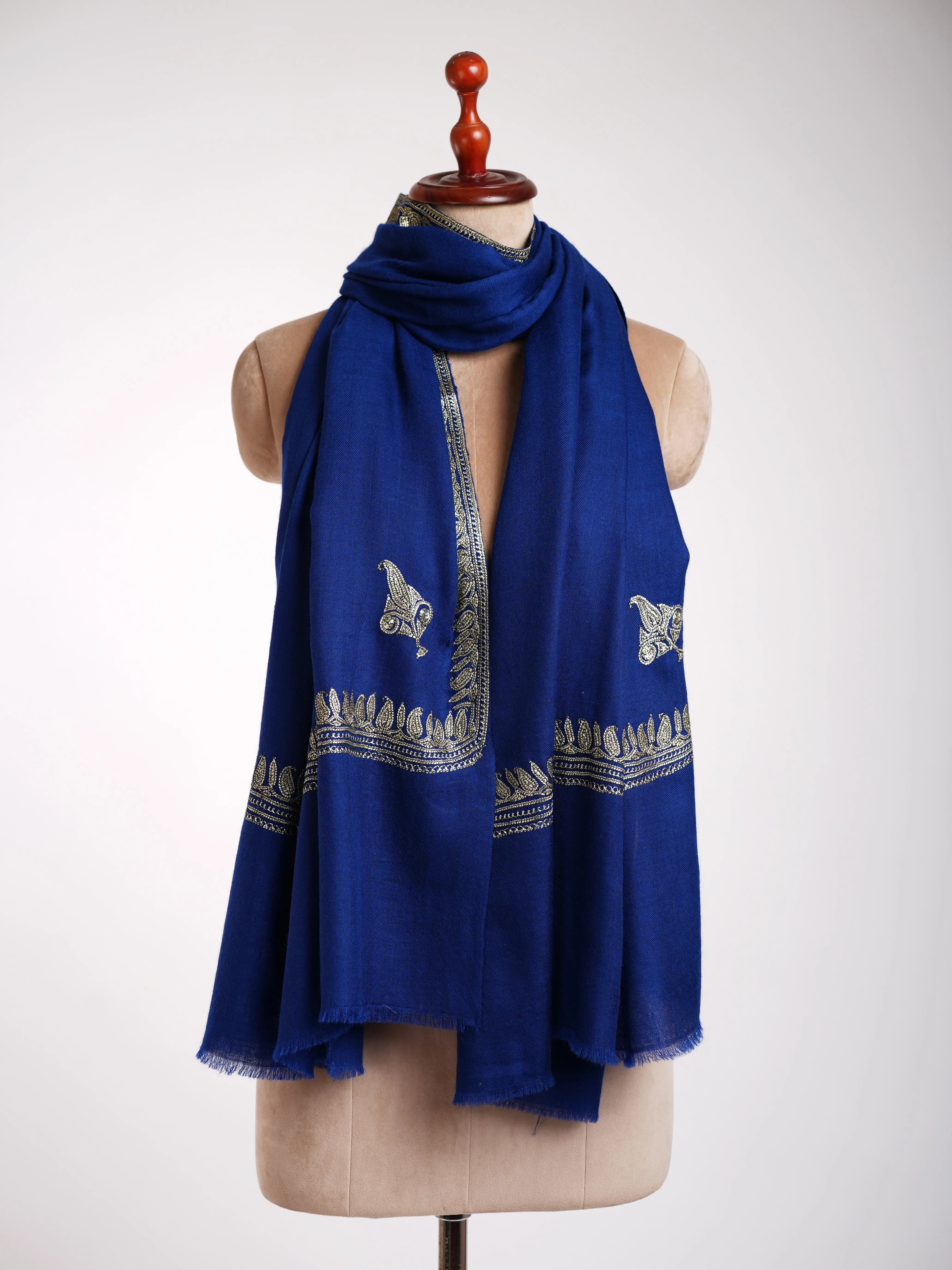 Dark Blue Kashmiri Pashmina Shawl in Water Gold Tilla Embroidery Shahkaar