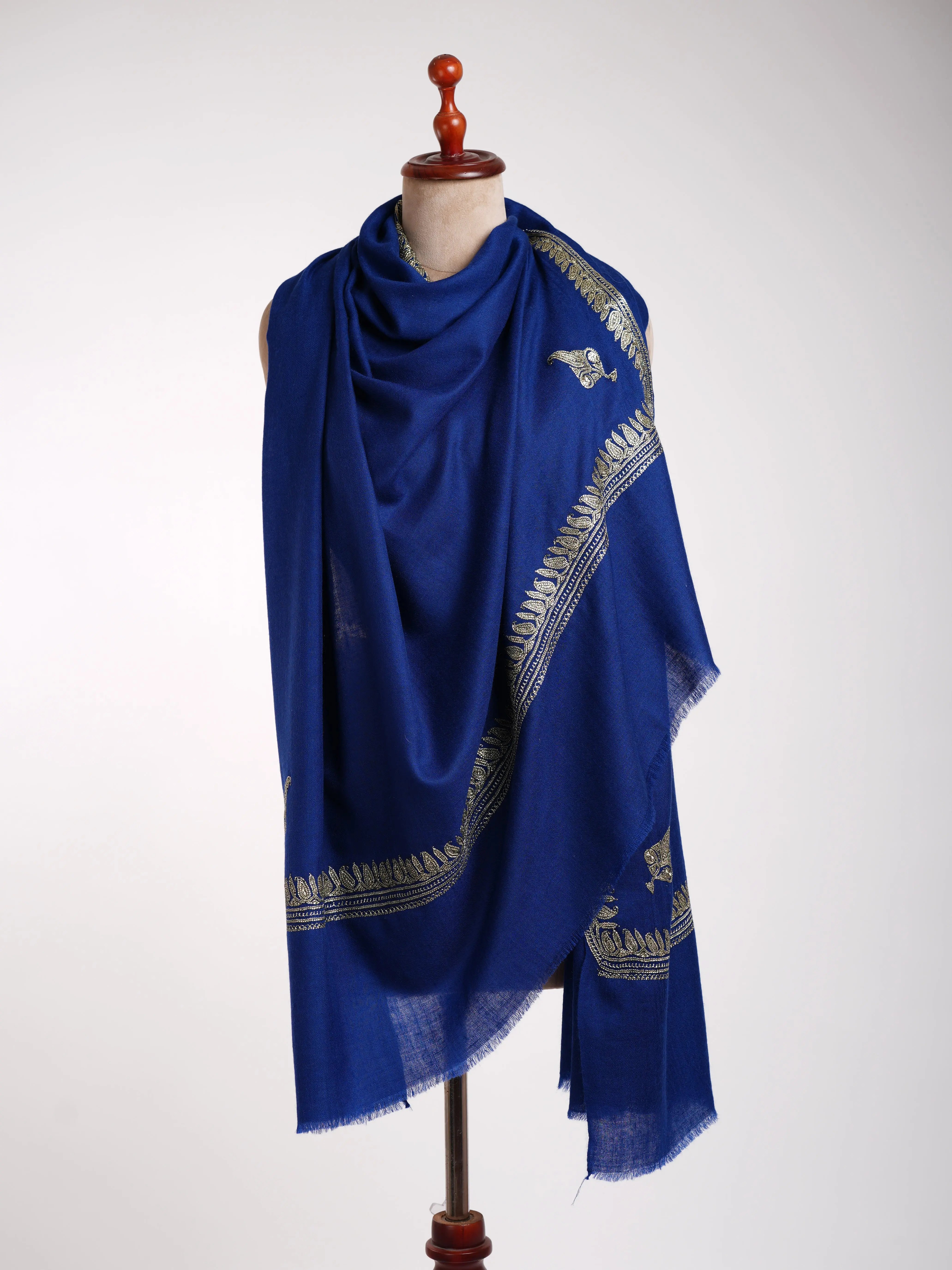 Dark Blue Kashmiri Pashmina Shawl in Water Gold Tilla Embroidery Shahkaar