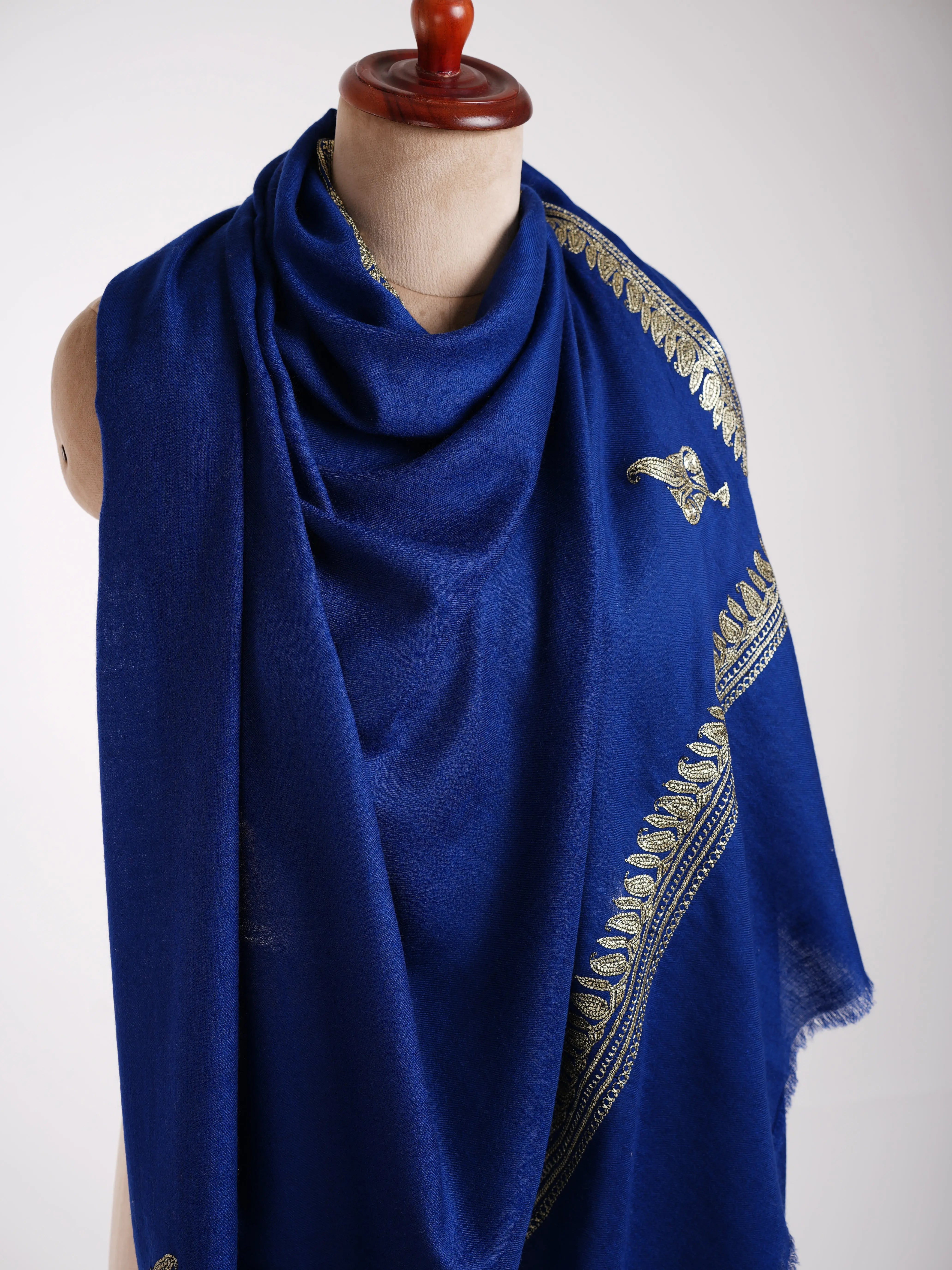 Dark Blue Kashmiri Pashmina Shawl in Water Gold Tilla Embroidery Shahkaar
