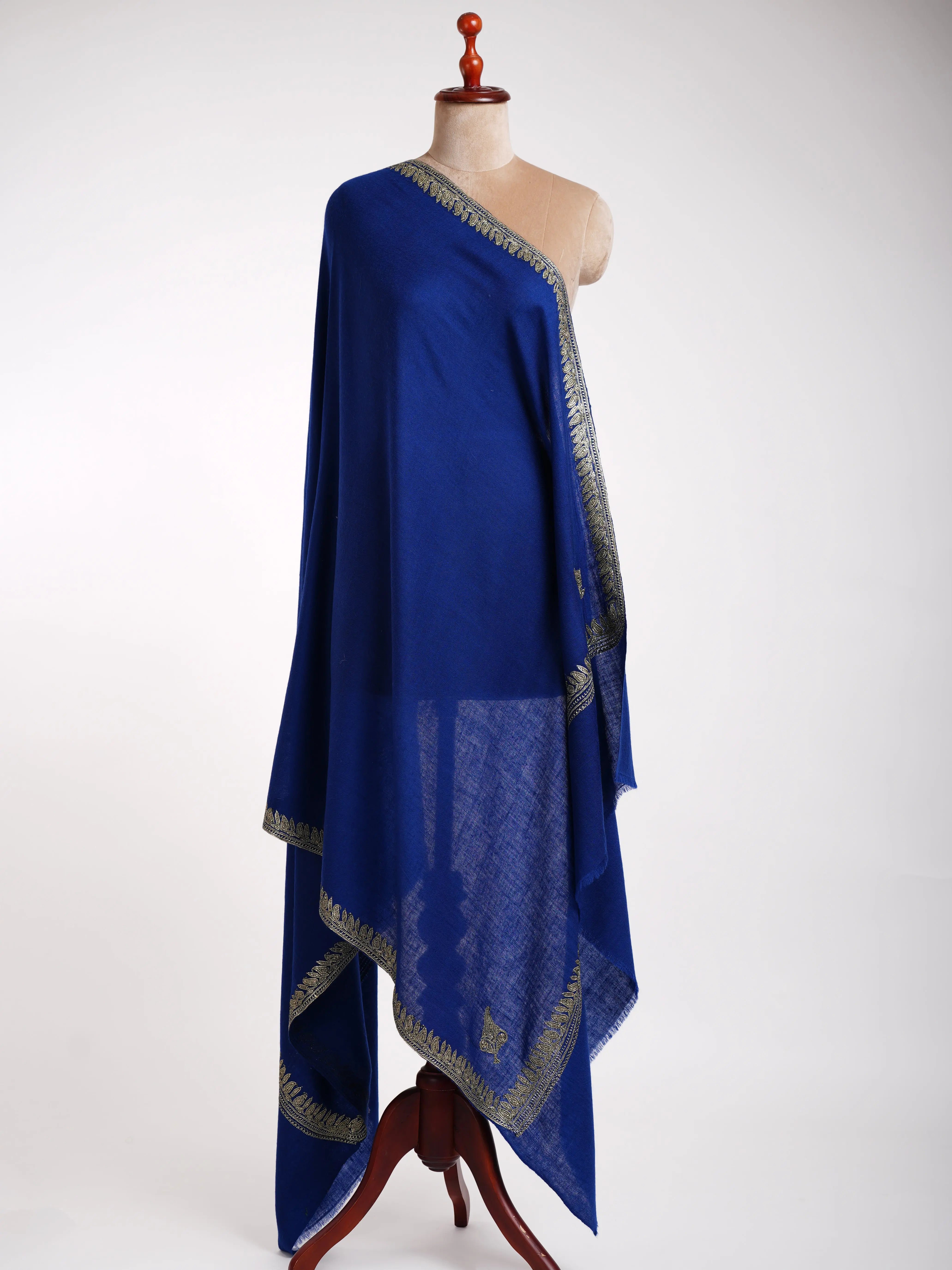 Dark Blue Kashmiri Pashmina Shawl in Water Gold Tilla Embroidery Shahkaar