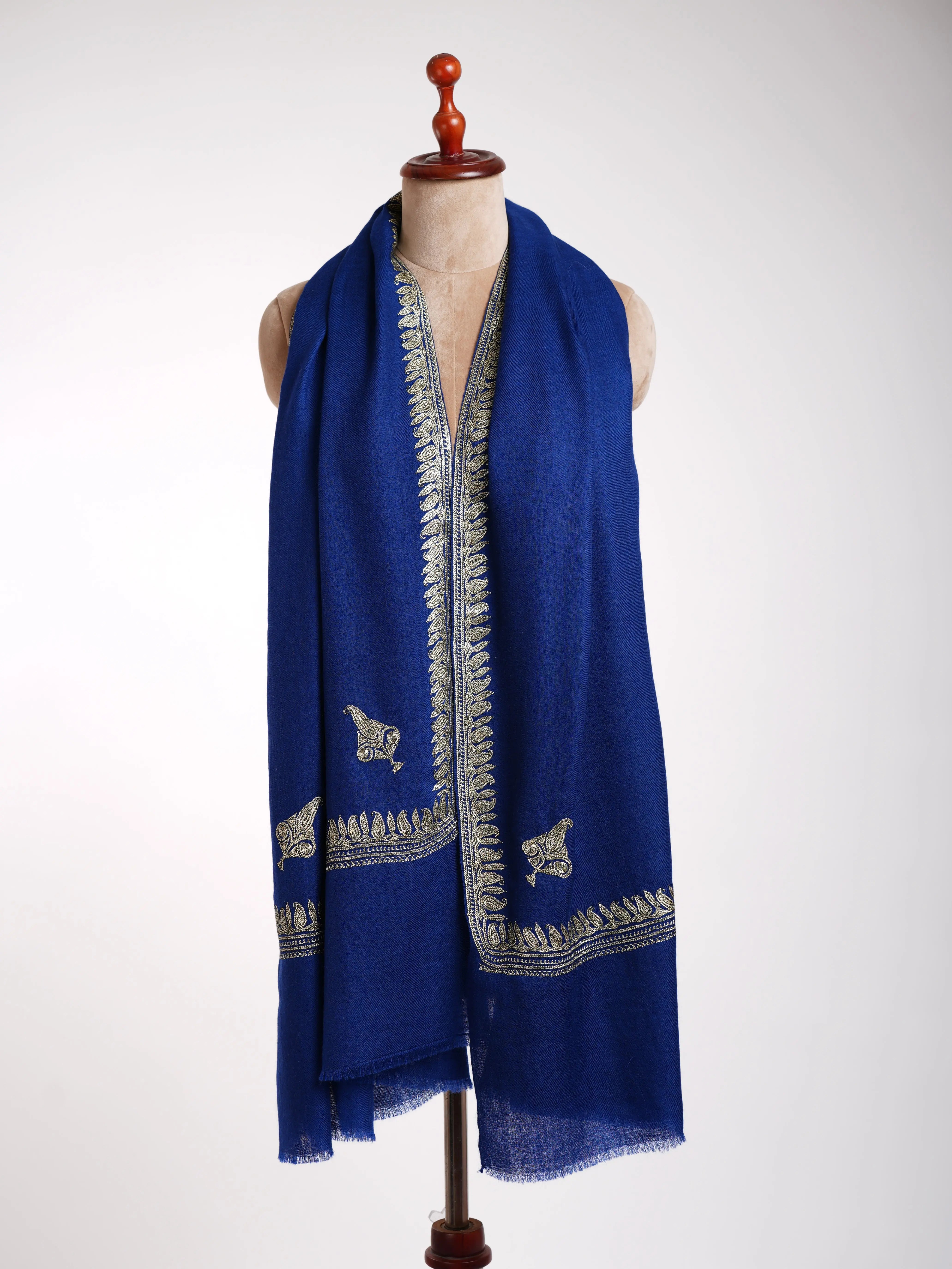 Dark Blue Kashmiri Pashmina Shawl in Water Gold Tilla Embroidery Shahkaar