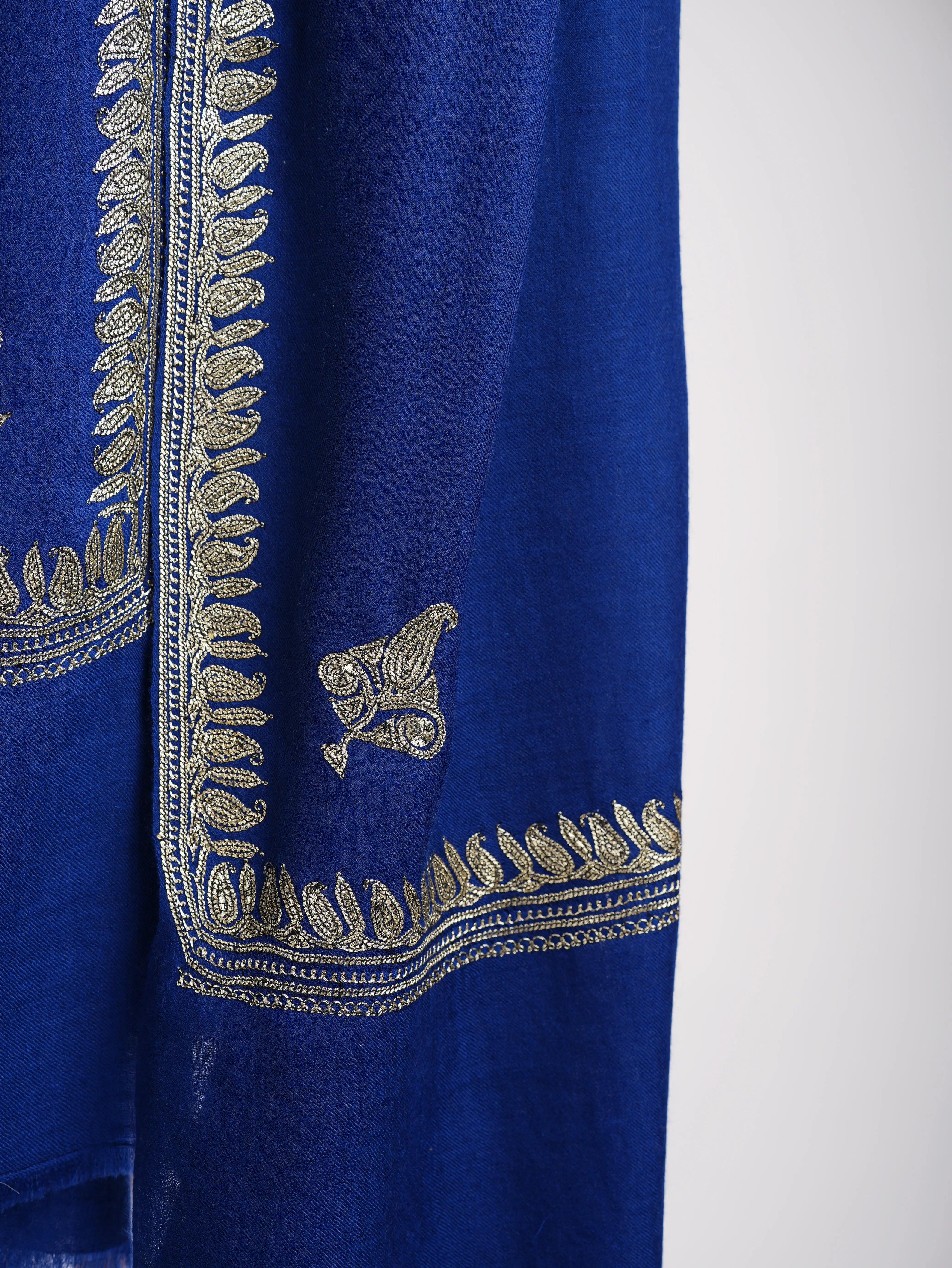 Dark Blue Kashmiri Pashmina Shawl in Water Gold Tilla Embroidery Shahkaar