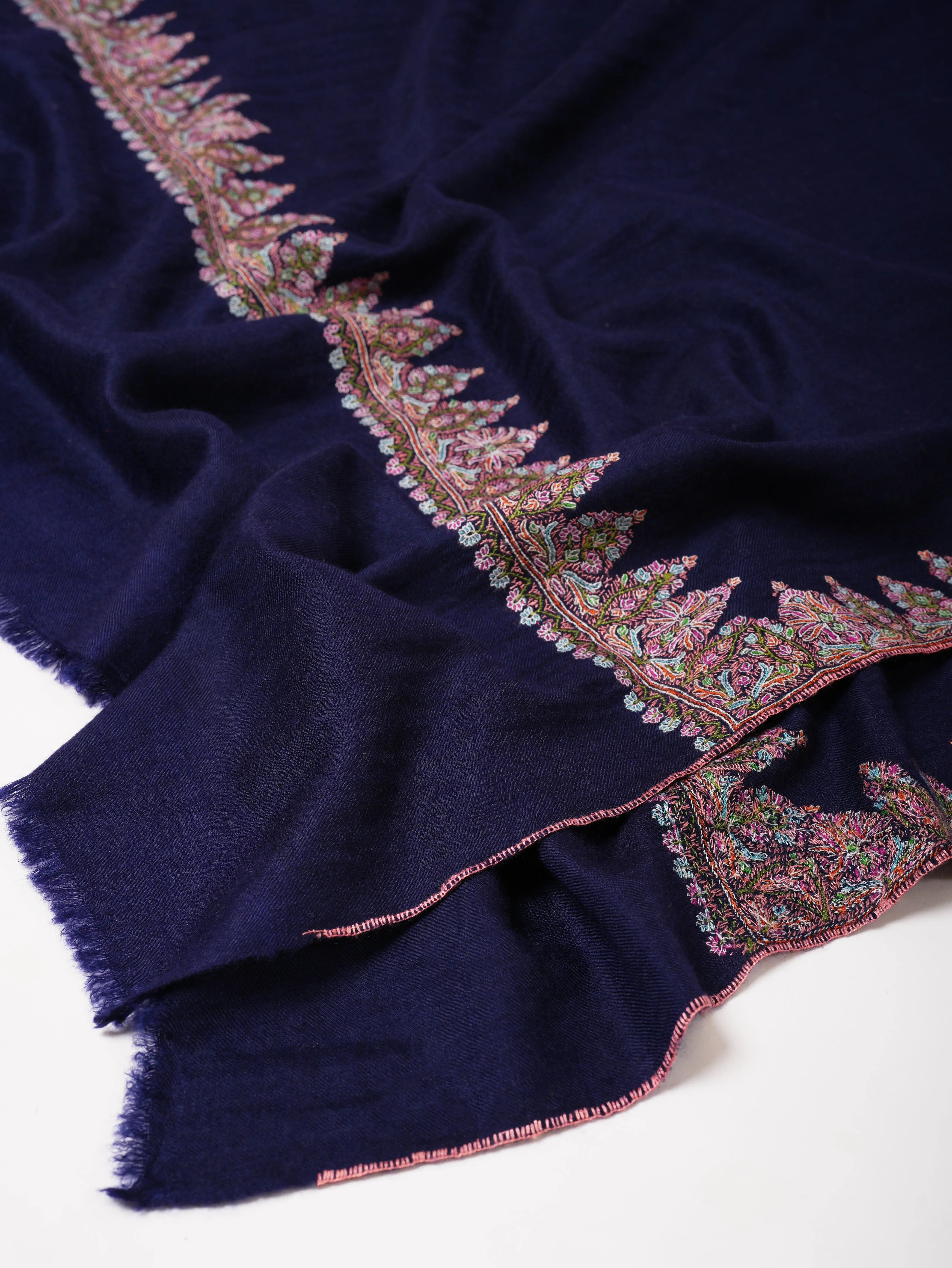 Dark Blue Neemdaur Embroidered Authentic Pashmina Shawl | Luxury Kashmiri Wrap Shahkaar