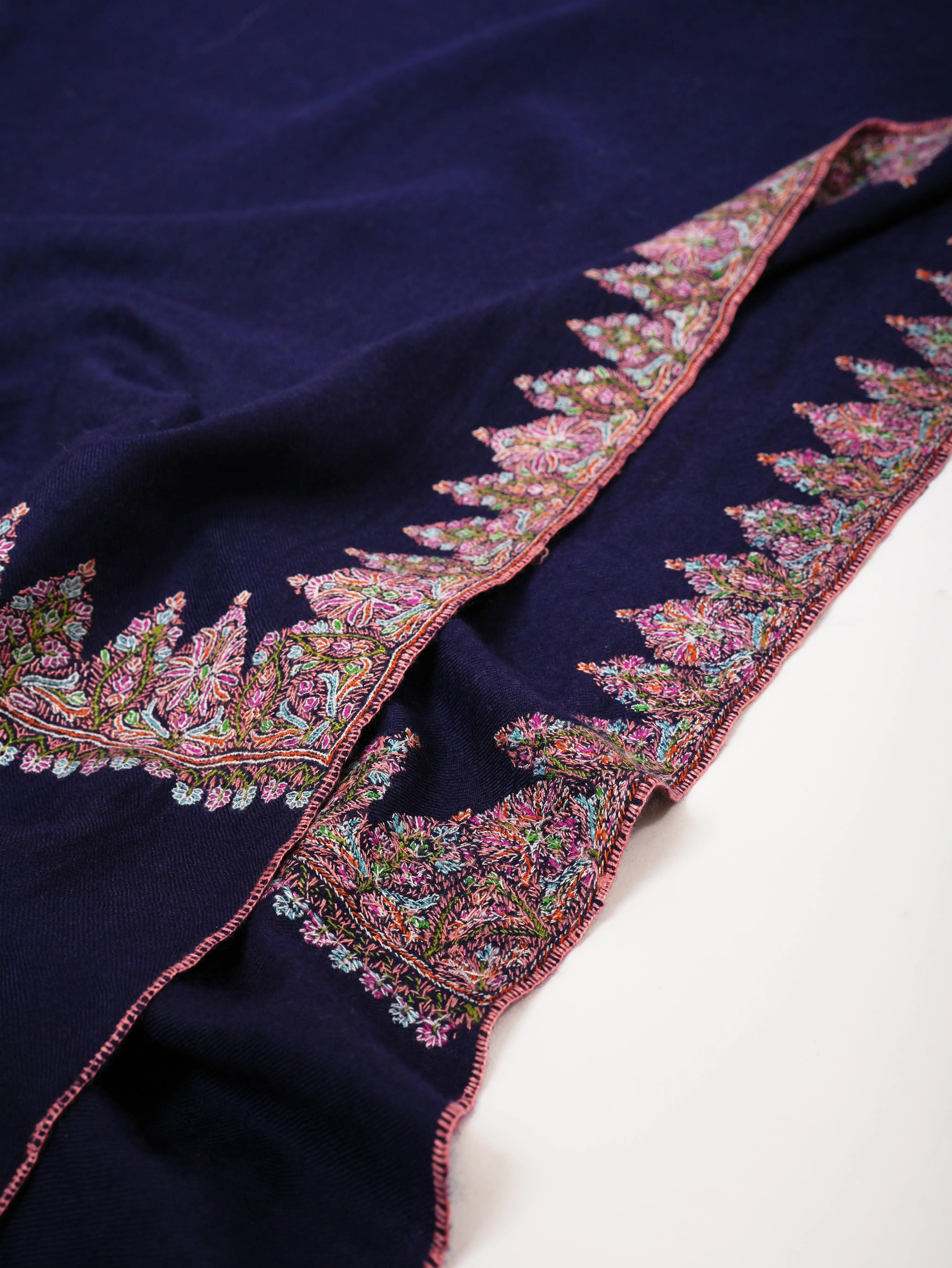Dark Blue Neemdaur Embroidered Authentic Pashmina Shawl | Luxury Kashmiri Wrap Shahkaar