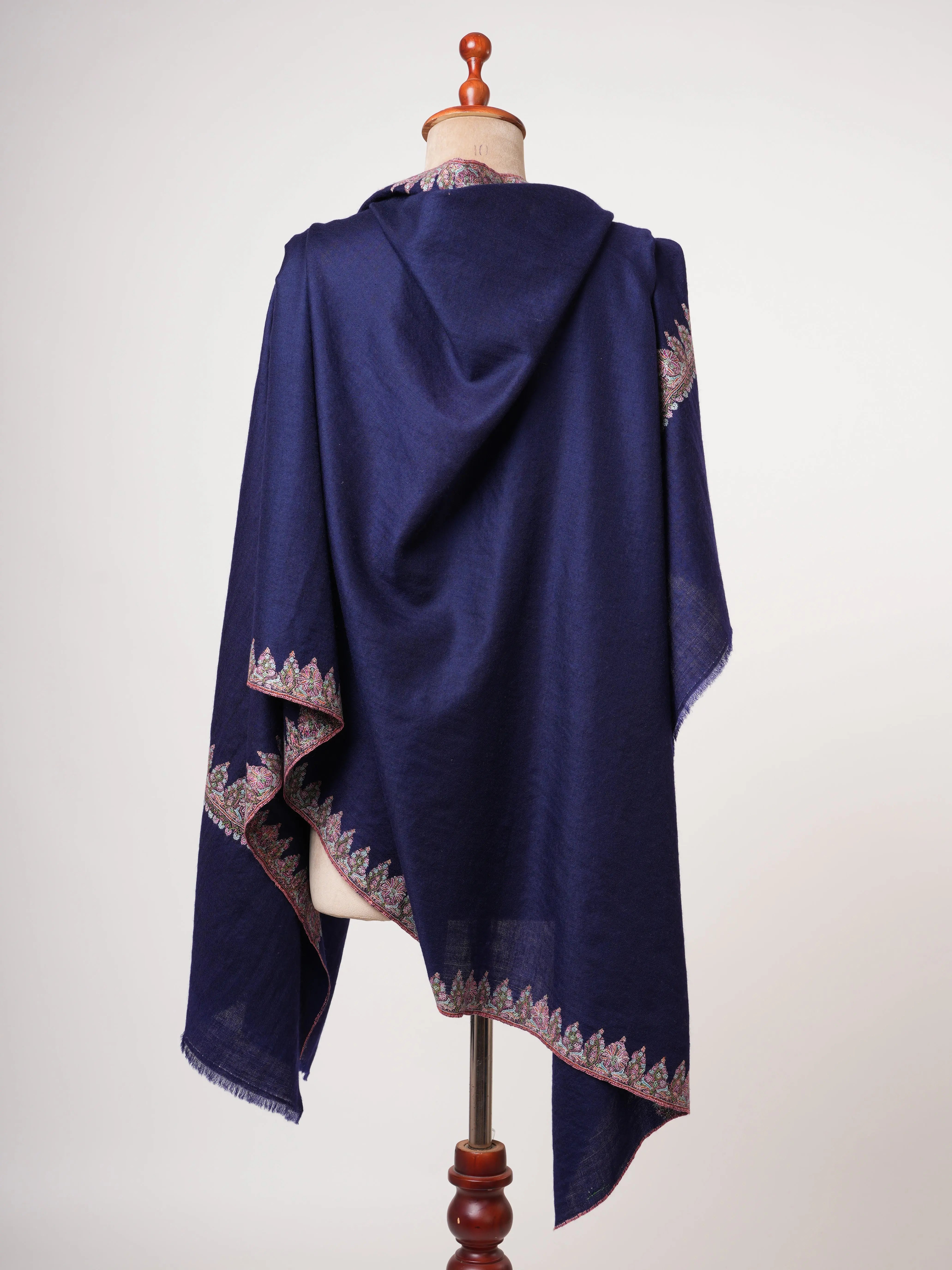 Dark Blue Neemdaur Embroidered Authentic Pashmina Shawl | Luxury Kashmiri Wrap Shahkaar