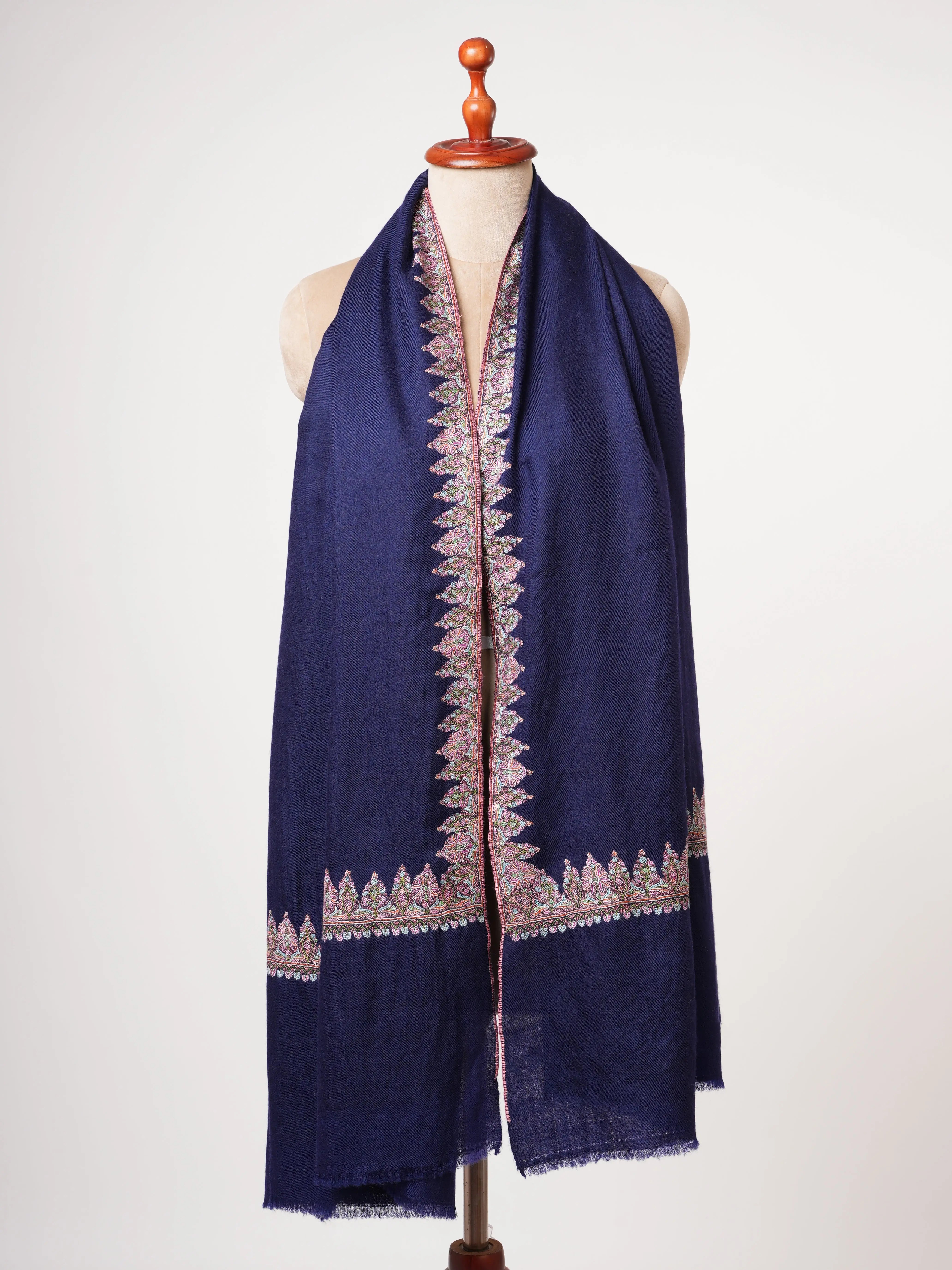 Dark Blue Neemdaur Embroidered Authentic Pashmina Shawl | Luxury Kashmiri Wrap Shahkaar