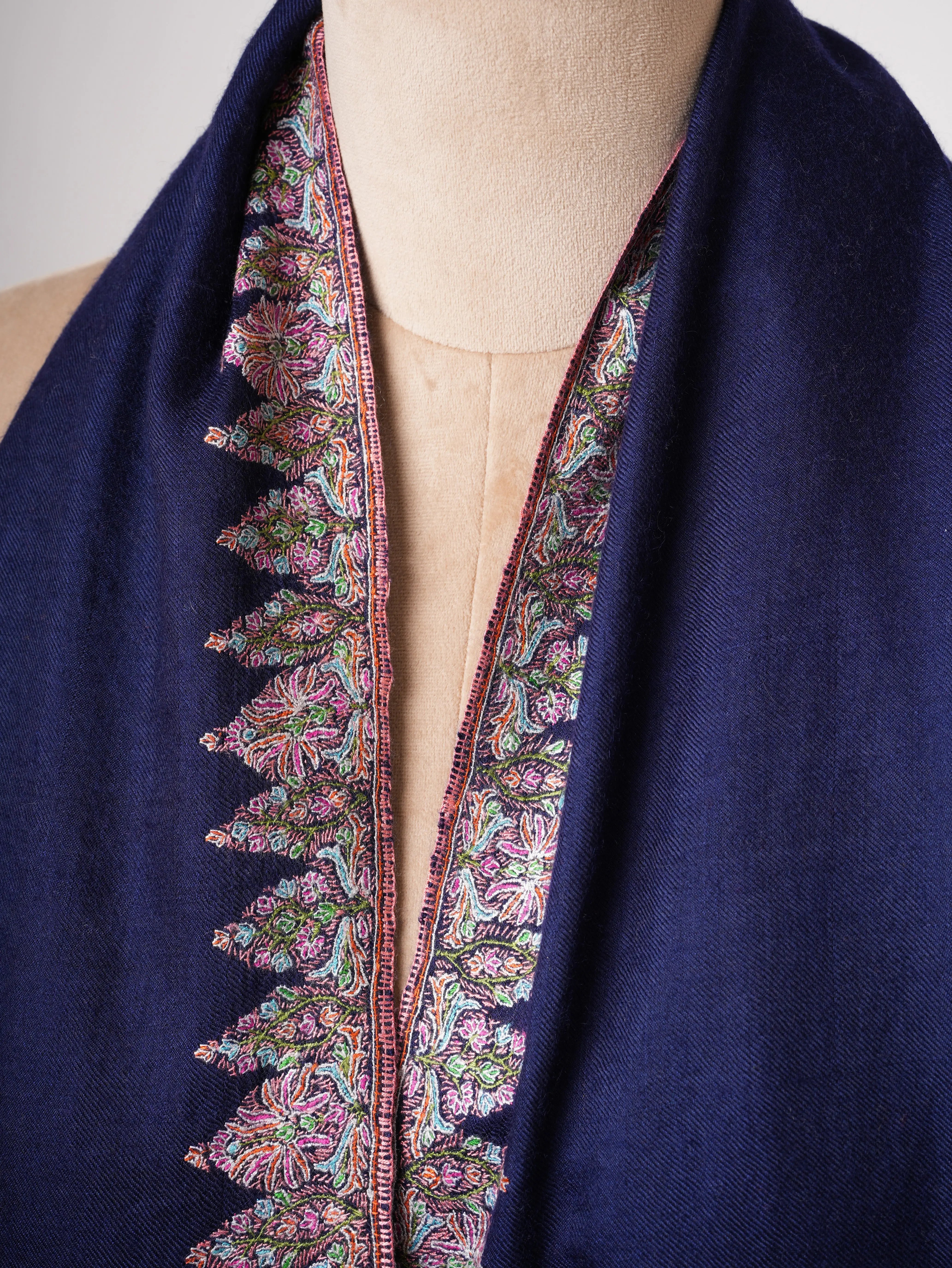 Dark Blue Neemdaur Embroidered Authentic Pashmina Shawl | Luxury Kashmiri Wrap Shahkaar