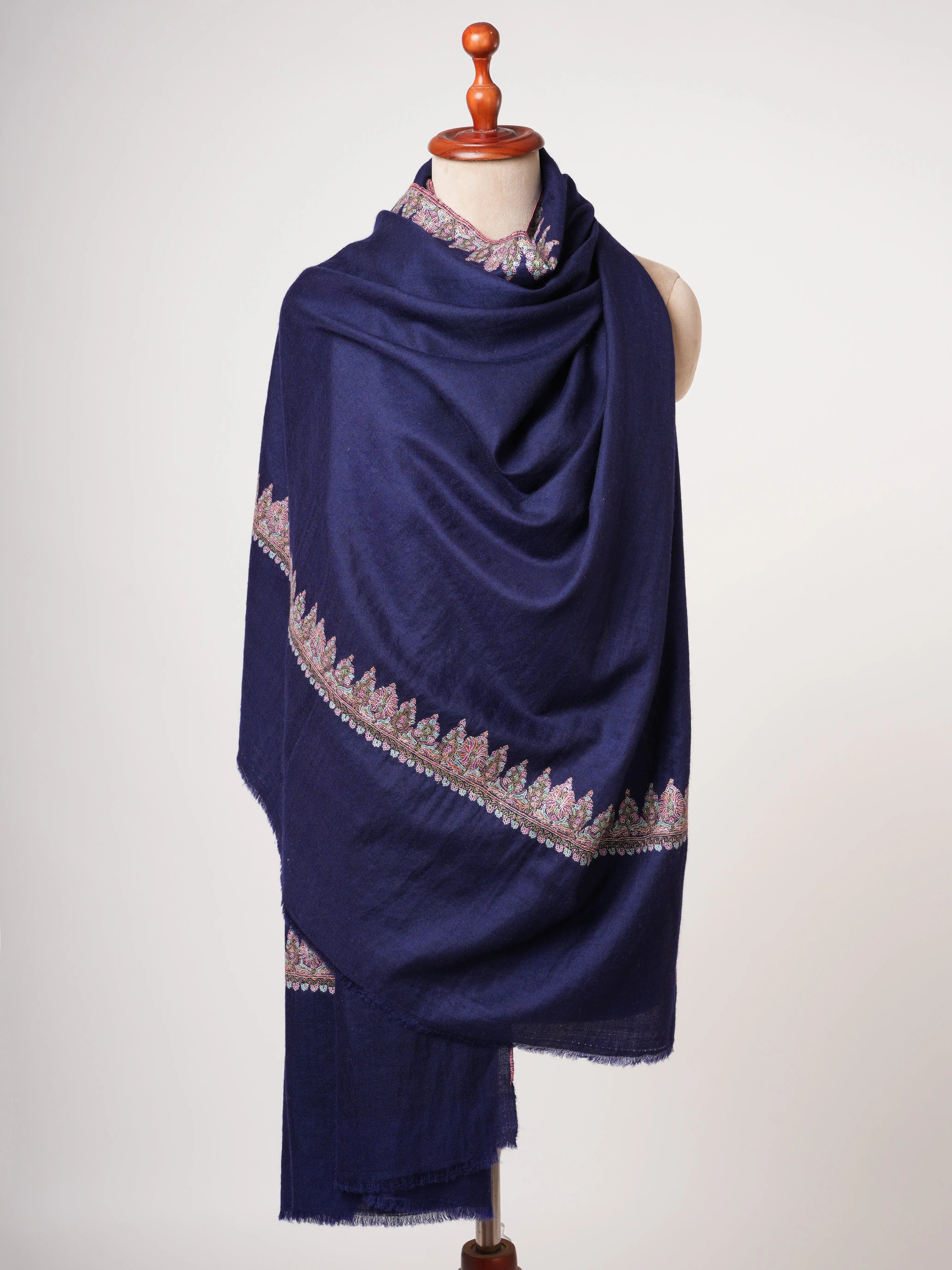 Dark Blue Neemdaur Embroidered Authentic Pashmina Shawl | Luxury Kashmiri Wrap Shahkaar