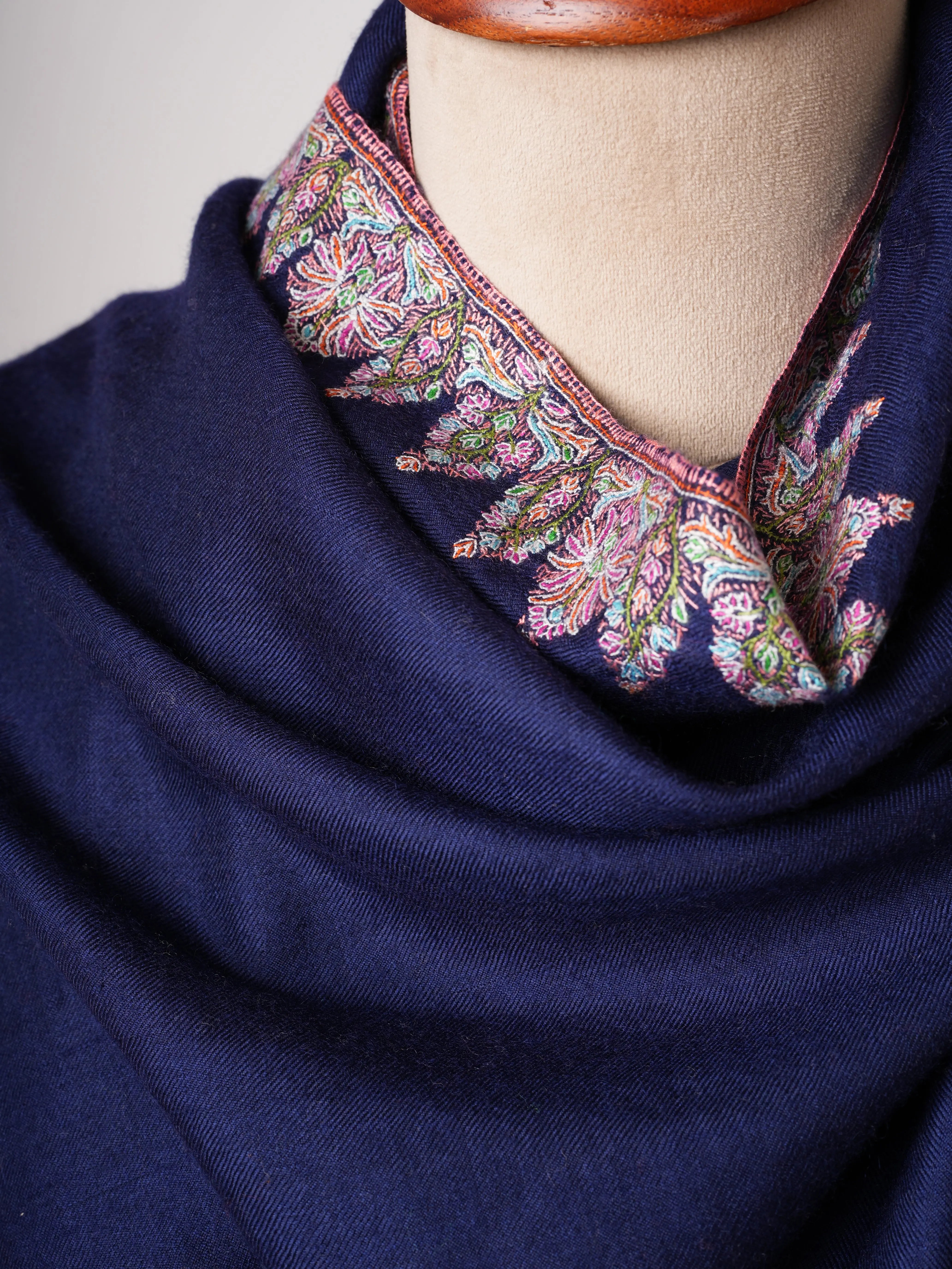 Dark Blue Neemdaur Embroidered Authentic Pashmina Shawl | Luxury Kashmiri Wrap Shahkaar