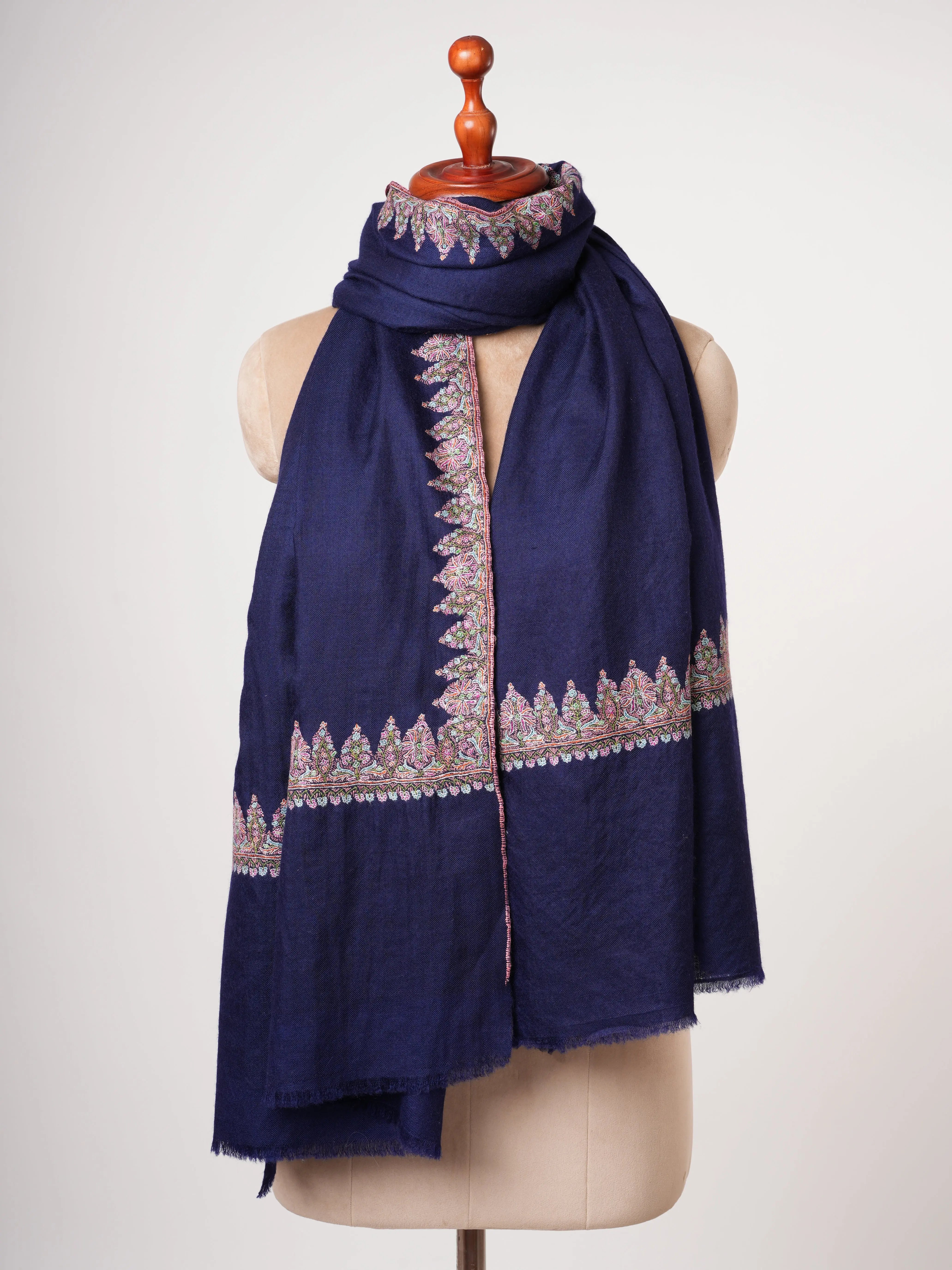 Dark Blue Neemdaur Embroidered Authentic Pashmina Shawl | Luxury Kashmiri Wrap Shahkaar