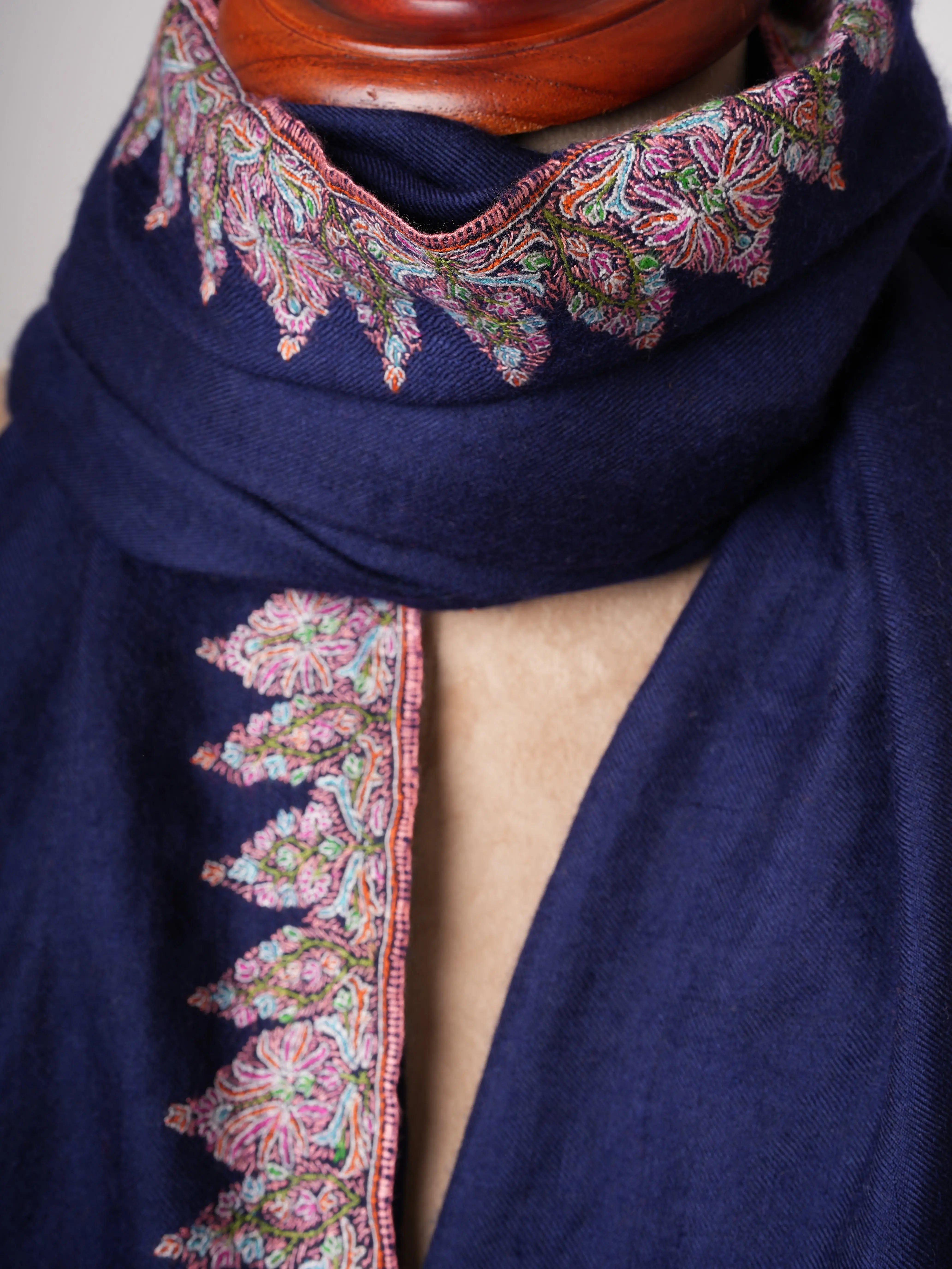 Dark Blue Neemdaur Embroidered Authentic Pashmina Shawl | Luxury Kashmiri Wrap Shahkaar