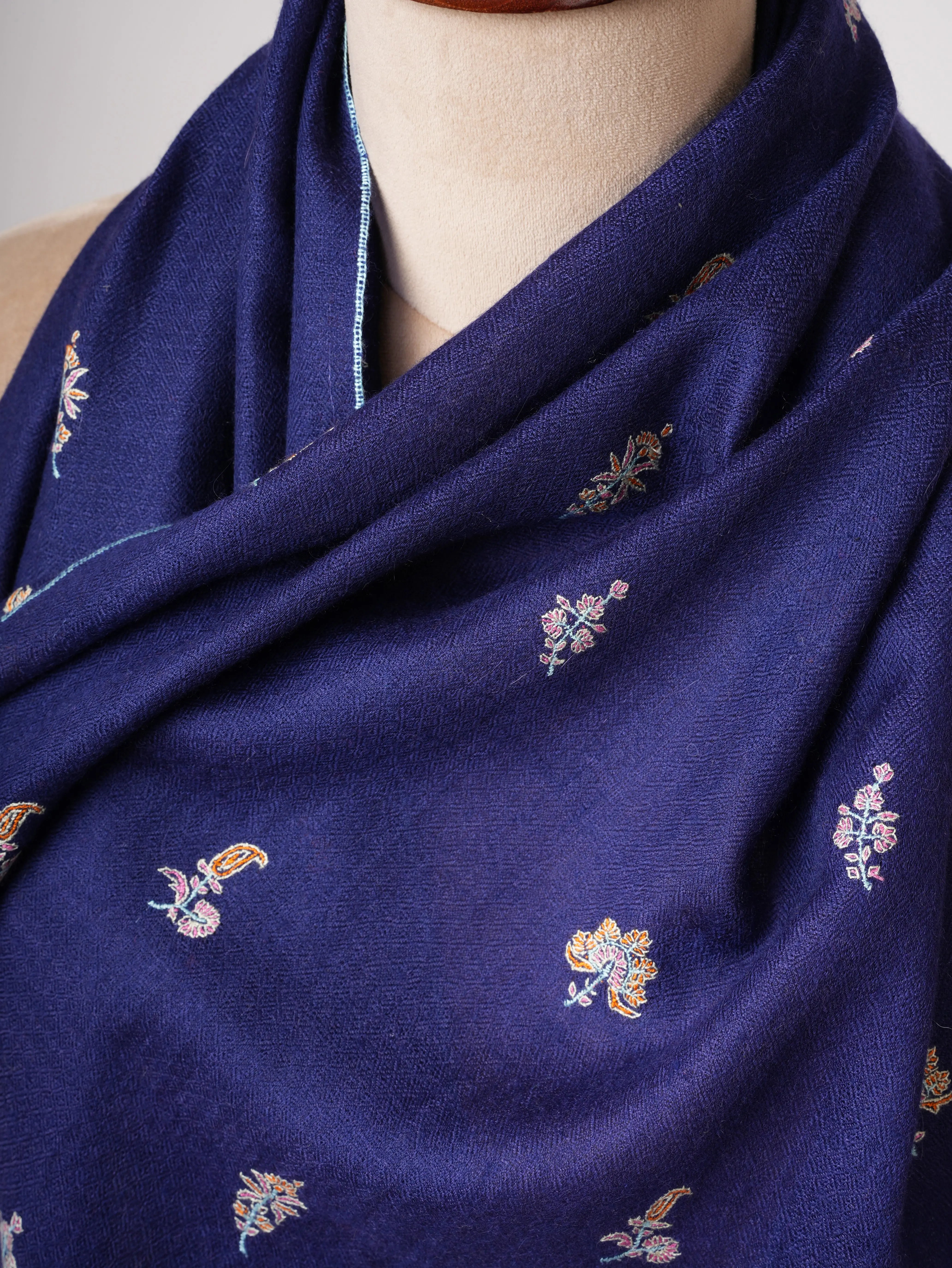 Dark Blue Pure Cashmere Scarf with Buteh Hand Embroidery – Baby Soft Luxury Shahkaar