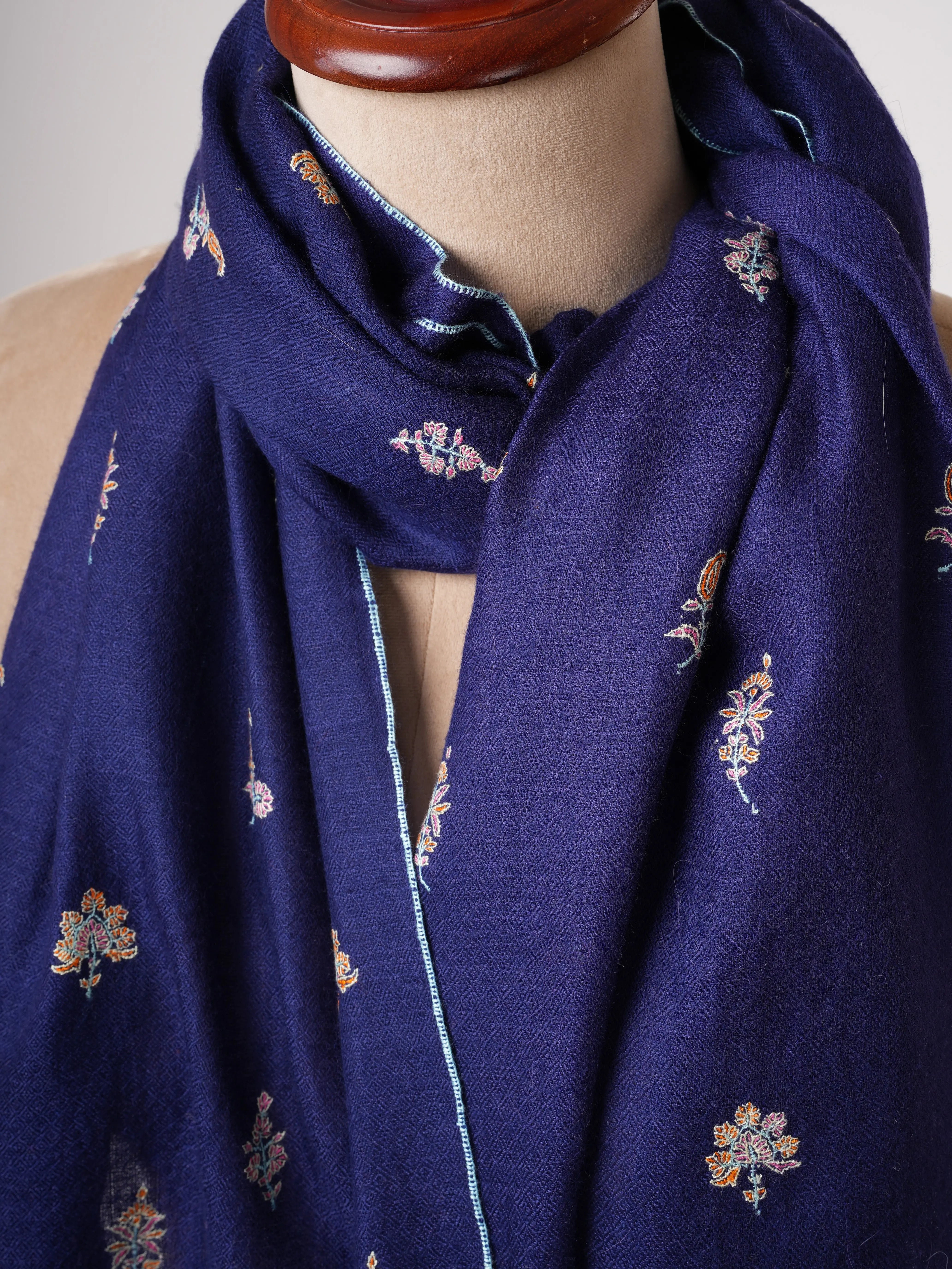 Dark Blue Pure Cashmere Scarf with Buteh Hand Embroidery – Baby Soft Luxury Shahkaar