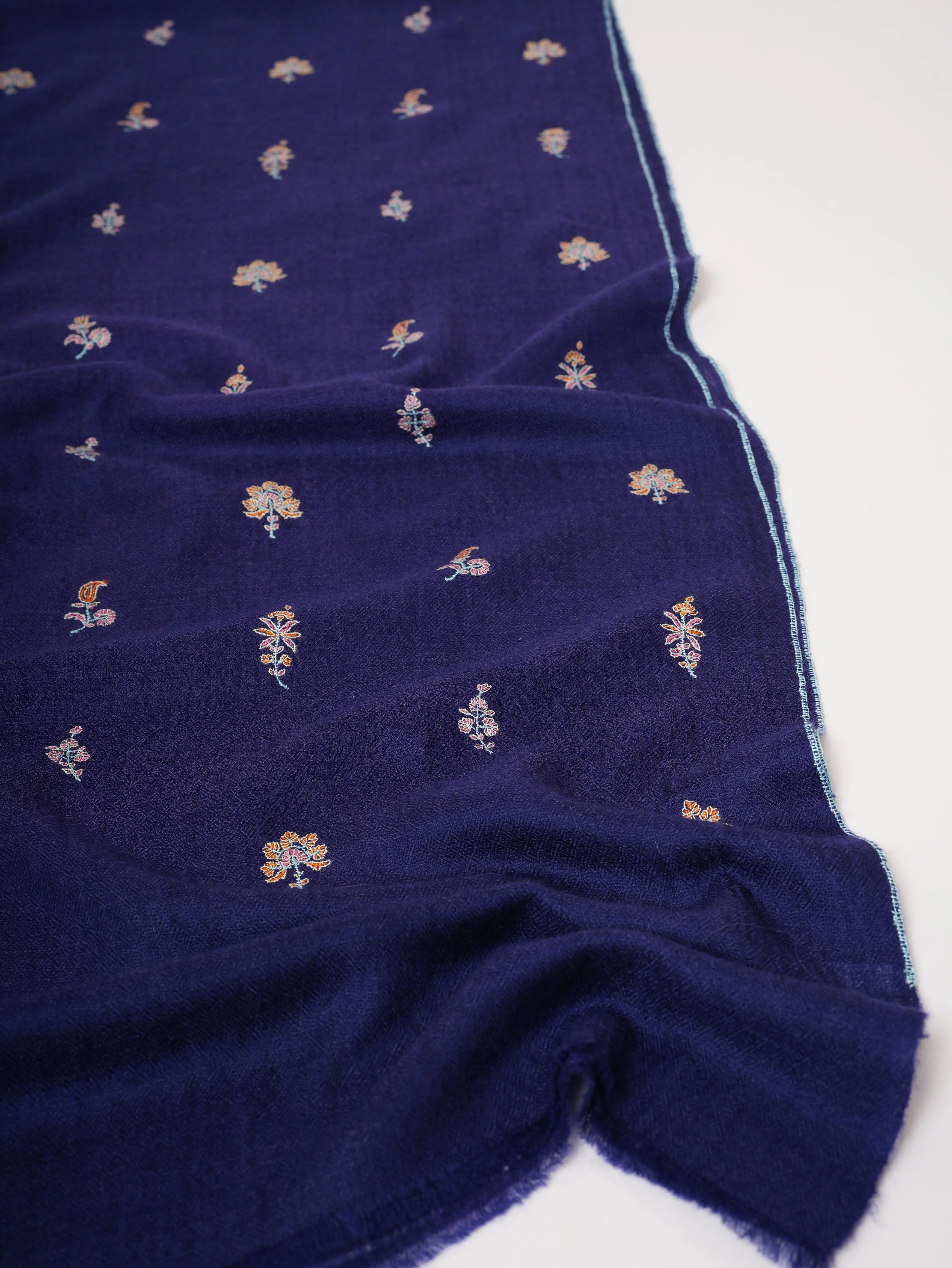 Dark Blue Pure Cashmere Scarf with Buteh Hand Embroidery – Baby Soft Luxury Shahkaar