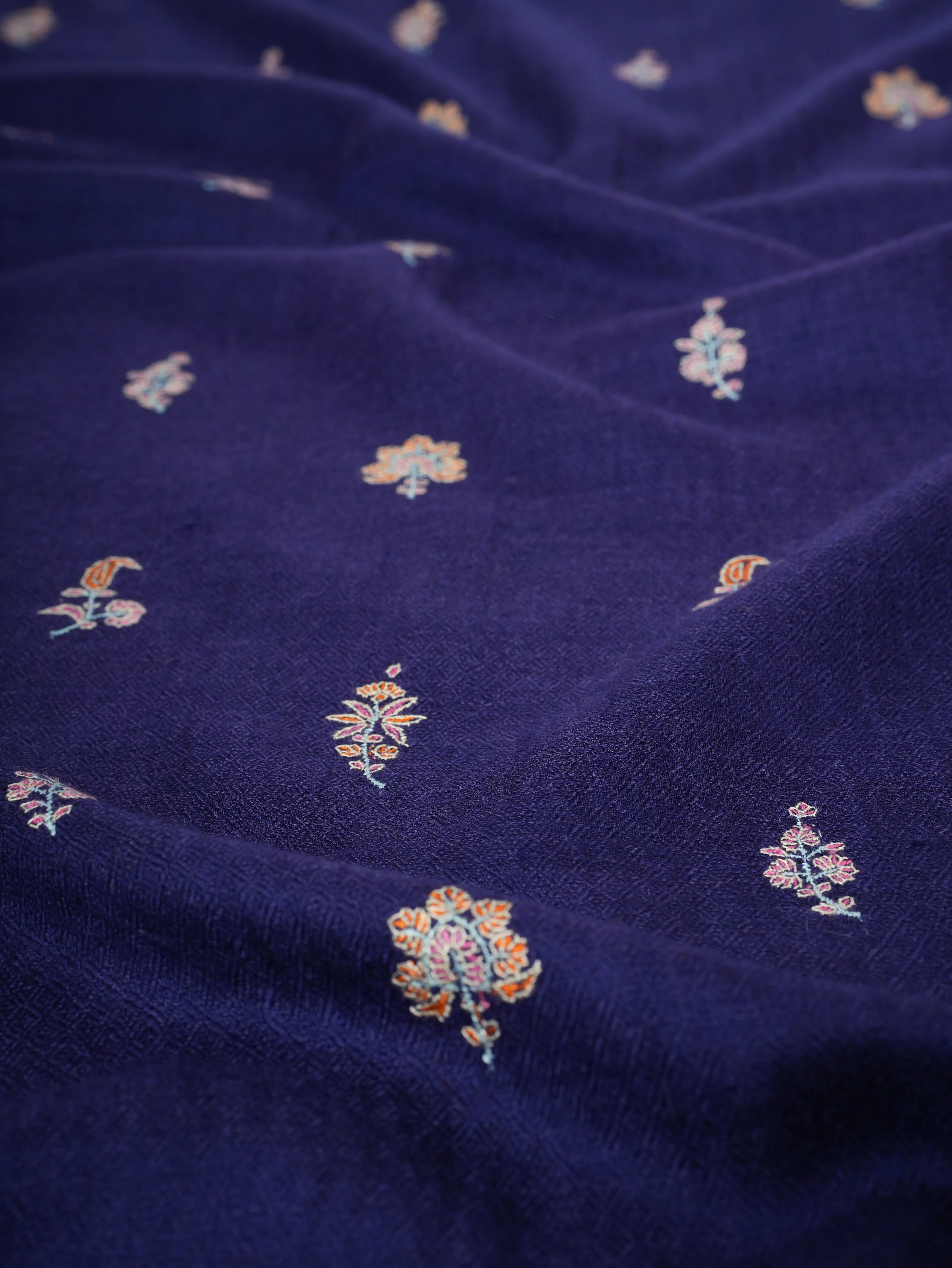 Dark Blue Pure Cashmere Scarf with Buteh Hand Embroidery – Baby Soft Luxury Shahkaar