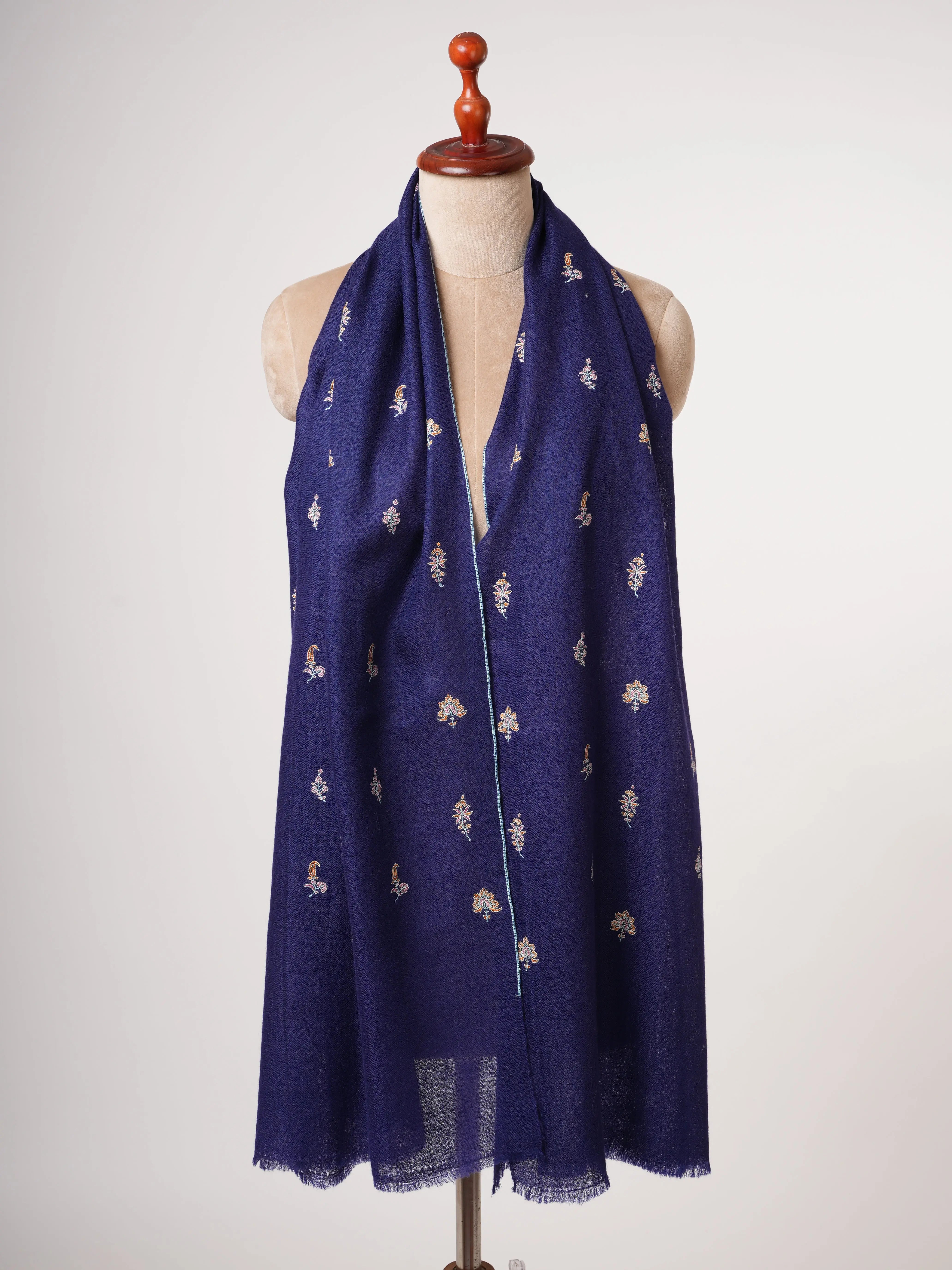Dark Blue Pure Cashmere Scarf with Buteh Hand Embroidery – Baby Soft Luxury Shahkaar