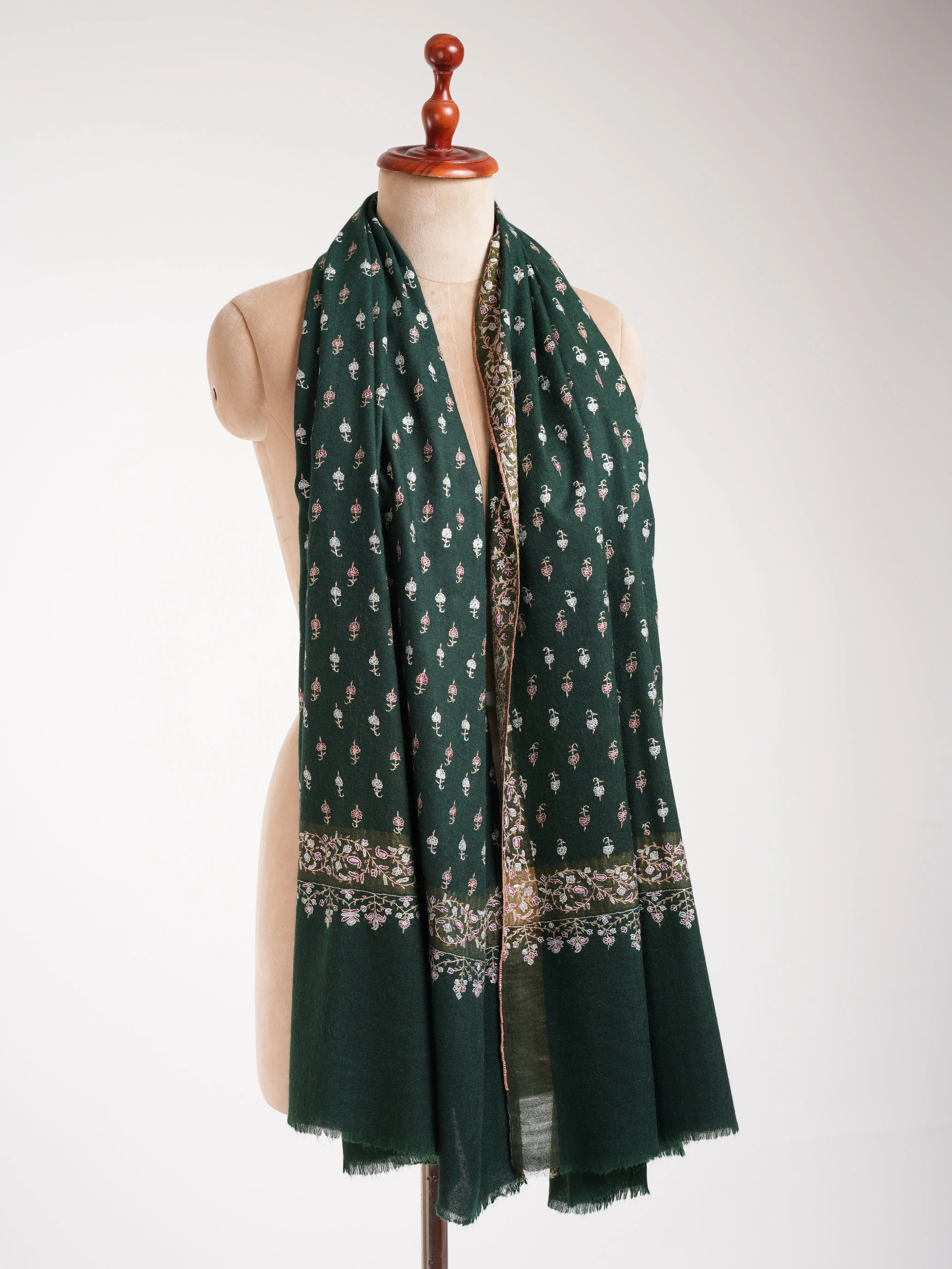Dark Green Embroidered Pure Handmade Pashmina Shawl Shahkaar