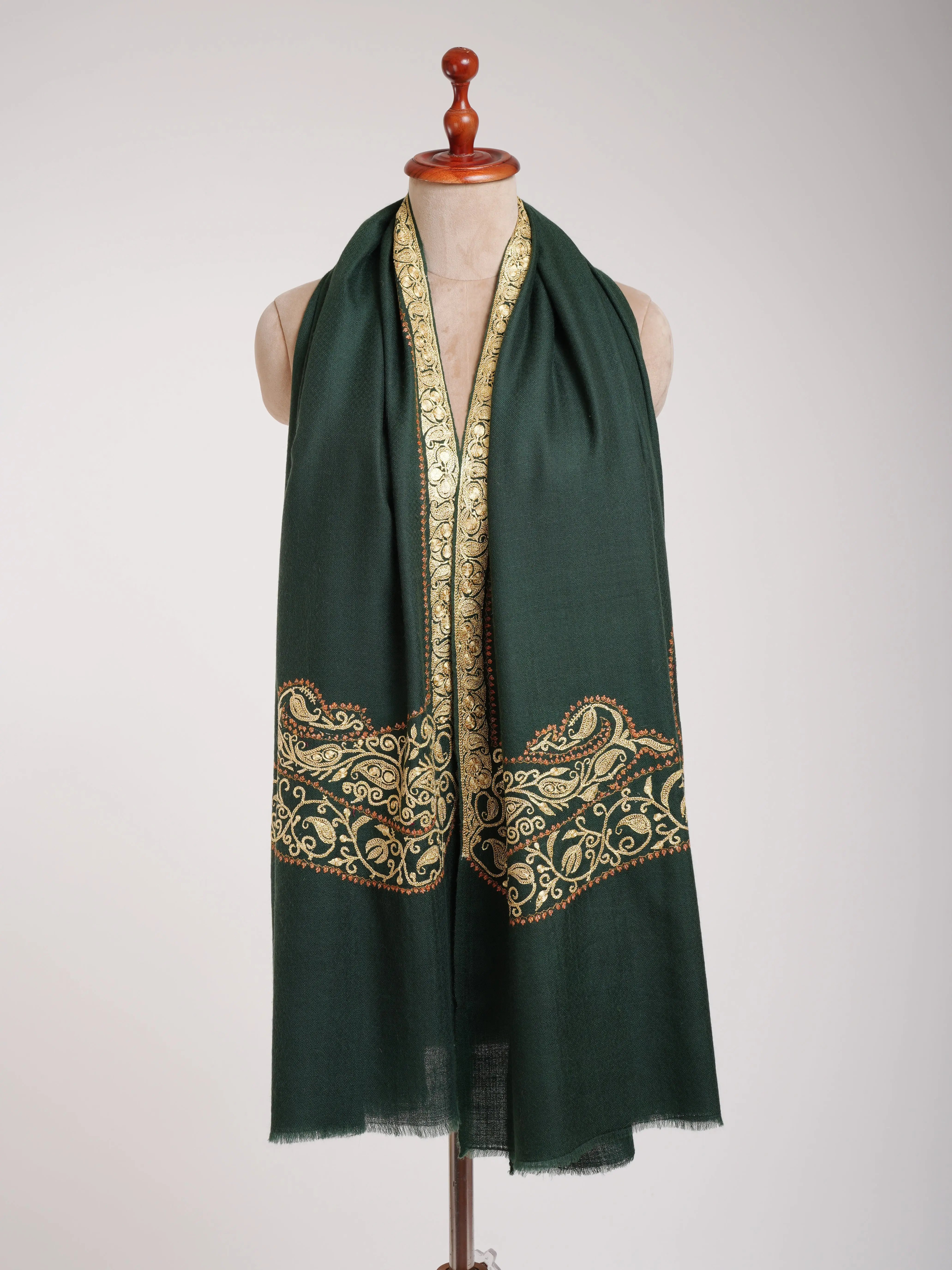 Dark Green Pashmina Shawl with Hand Tillawork Embroidery Shahkaar