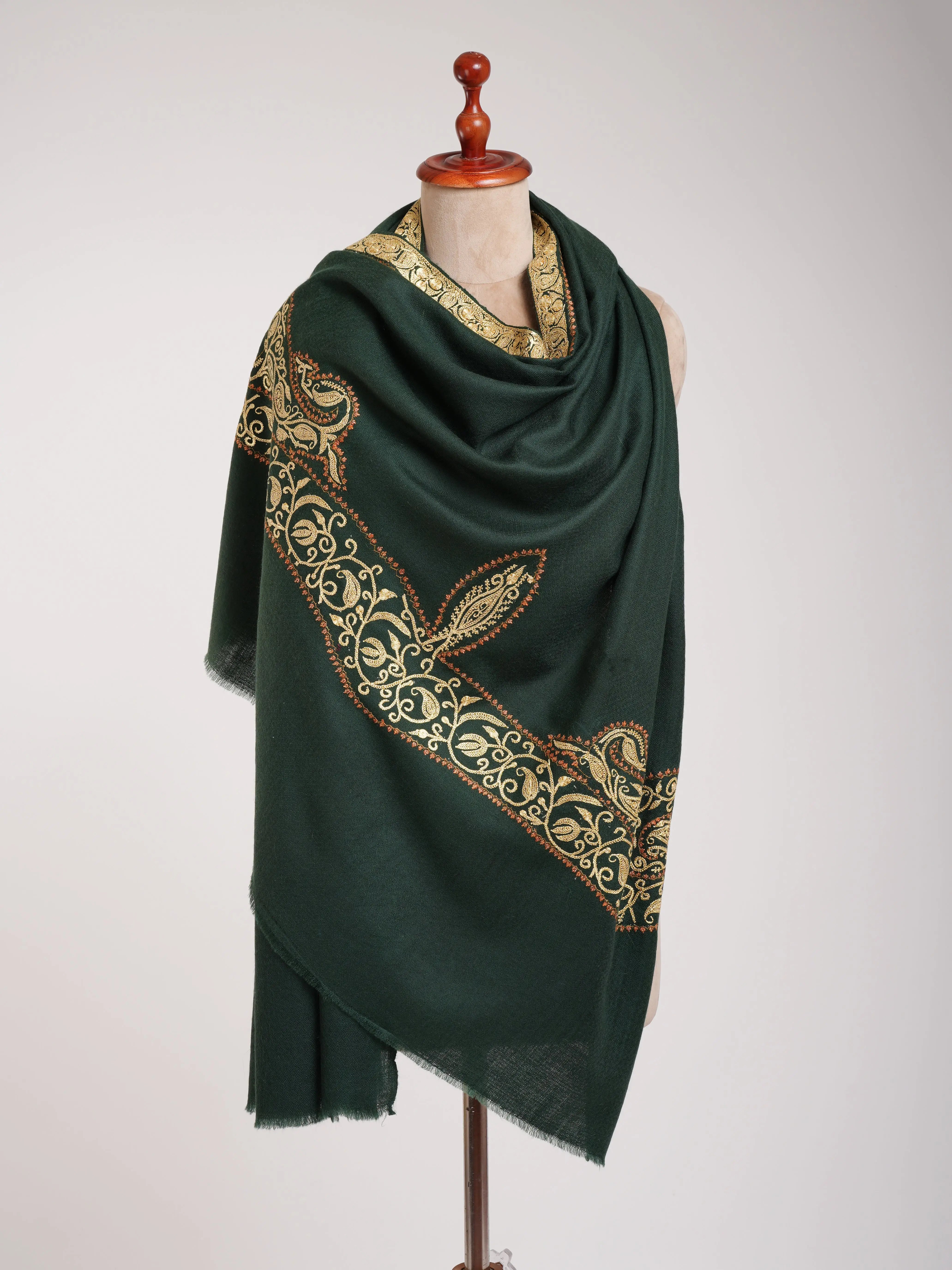 Dark Green Pashmina Shawl with Hand Tillawork Embroidery Shahkaar