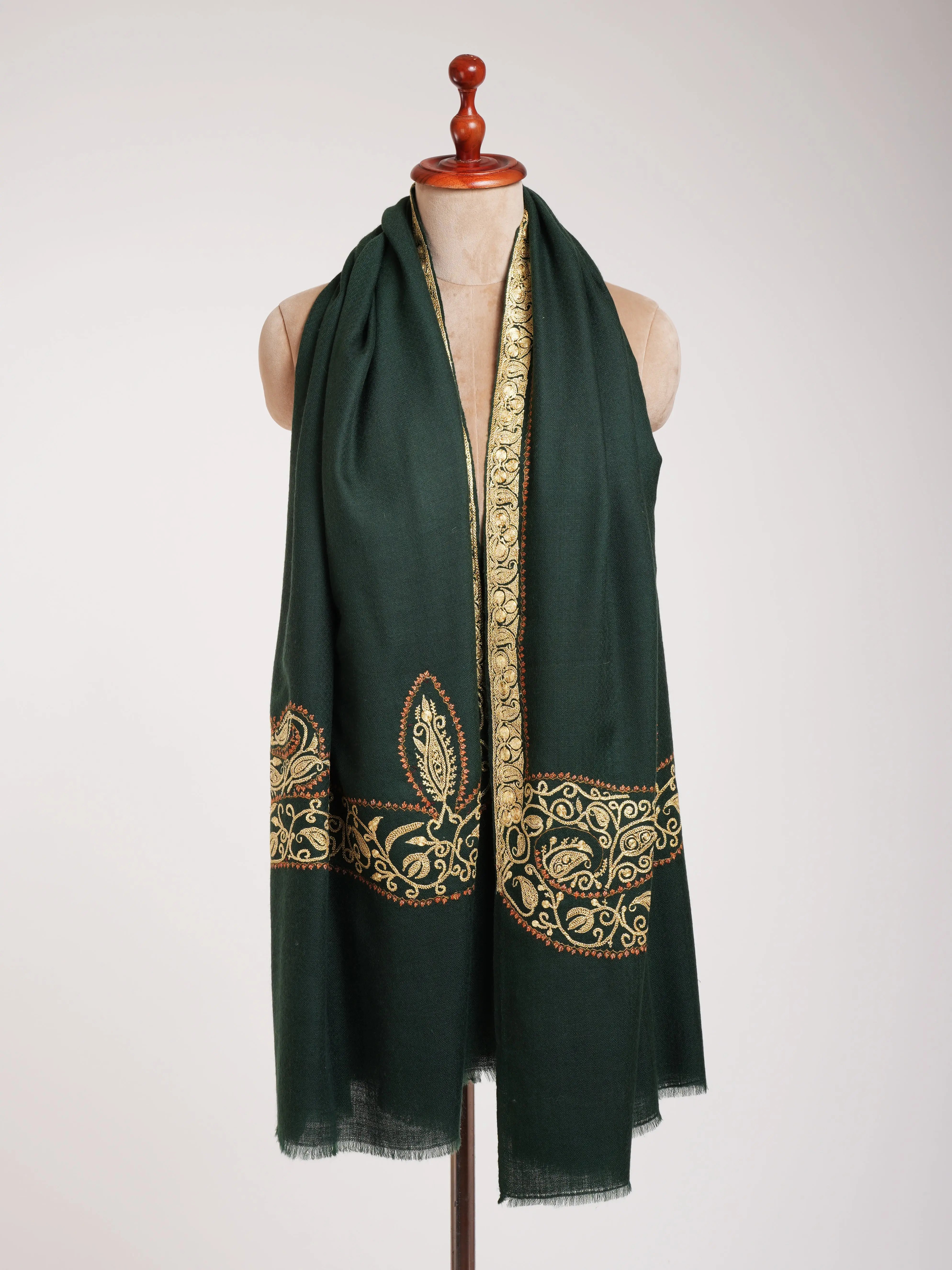 Dark Green Pashmina Shawl with Hand Tillawork Embroidery Shahkaar