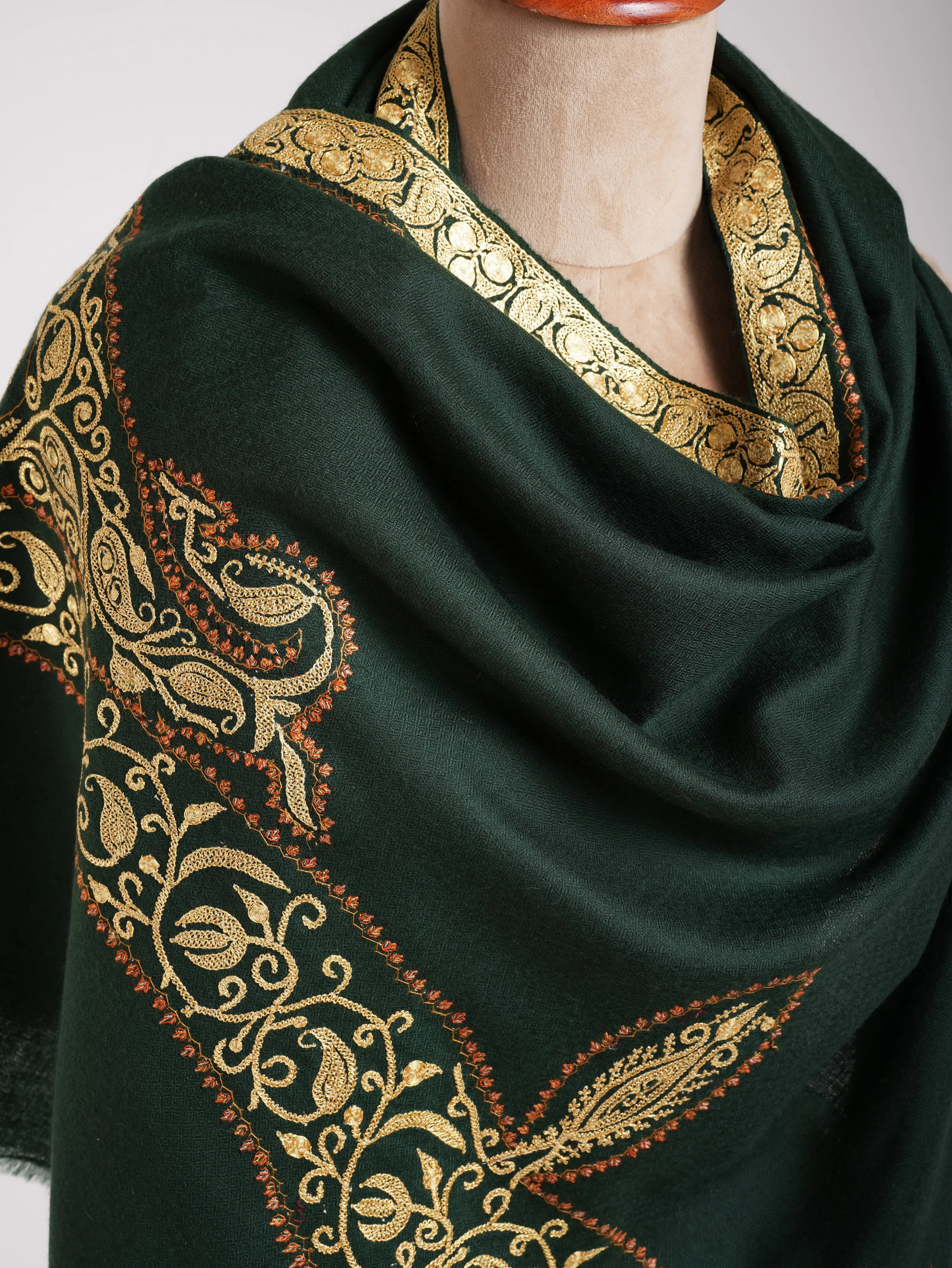 Dark Green Pashmina Shawl with Hand Tillawork Embroidery Shahkaar