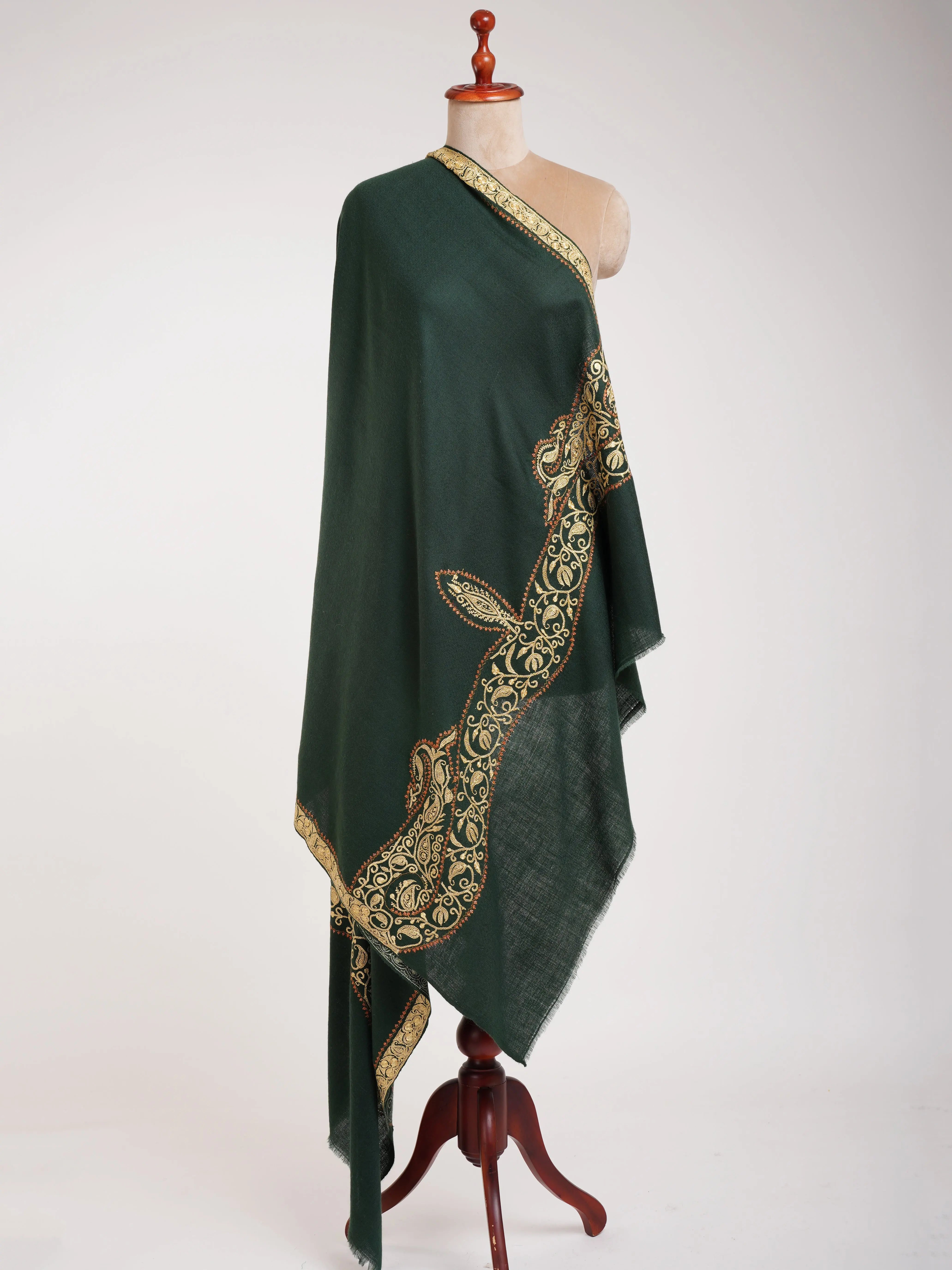 Dark Green Pashmina Shawl with Hand Tillawork Embroidery Shahkaar