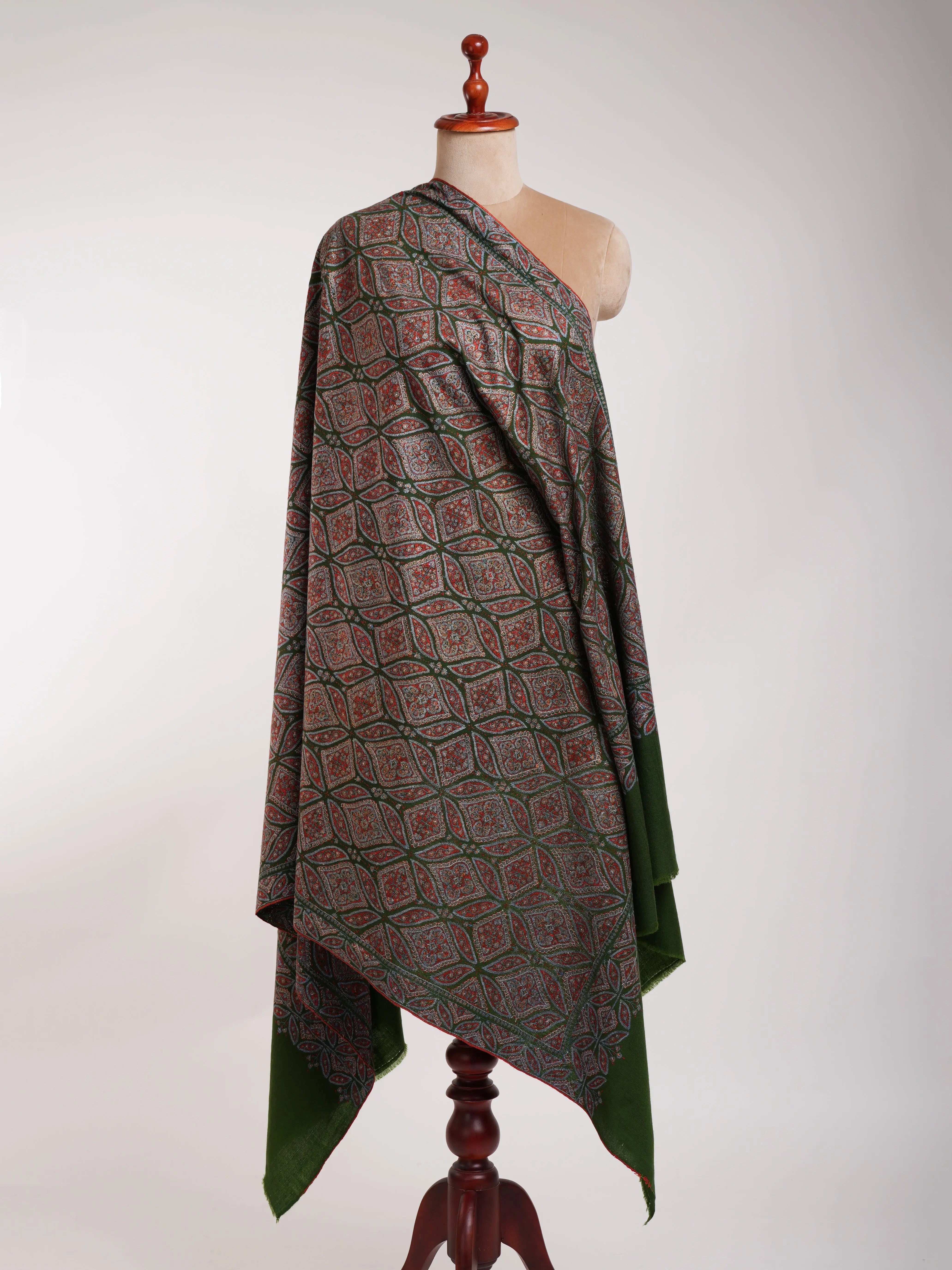 Dark Green Sozni Embroidered Pashmina Jamavar Shawl Shahkaar