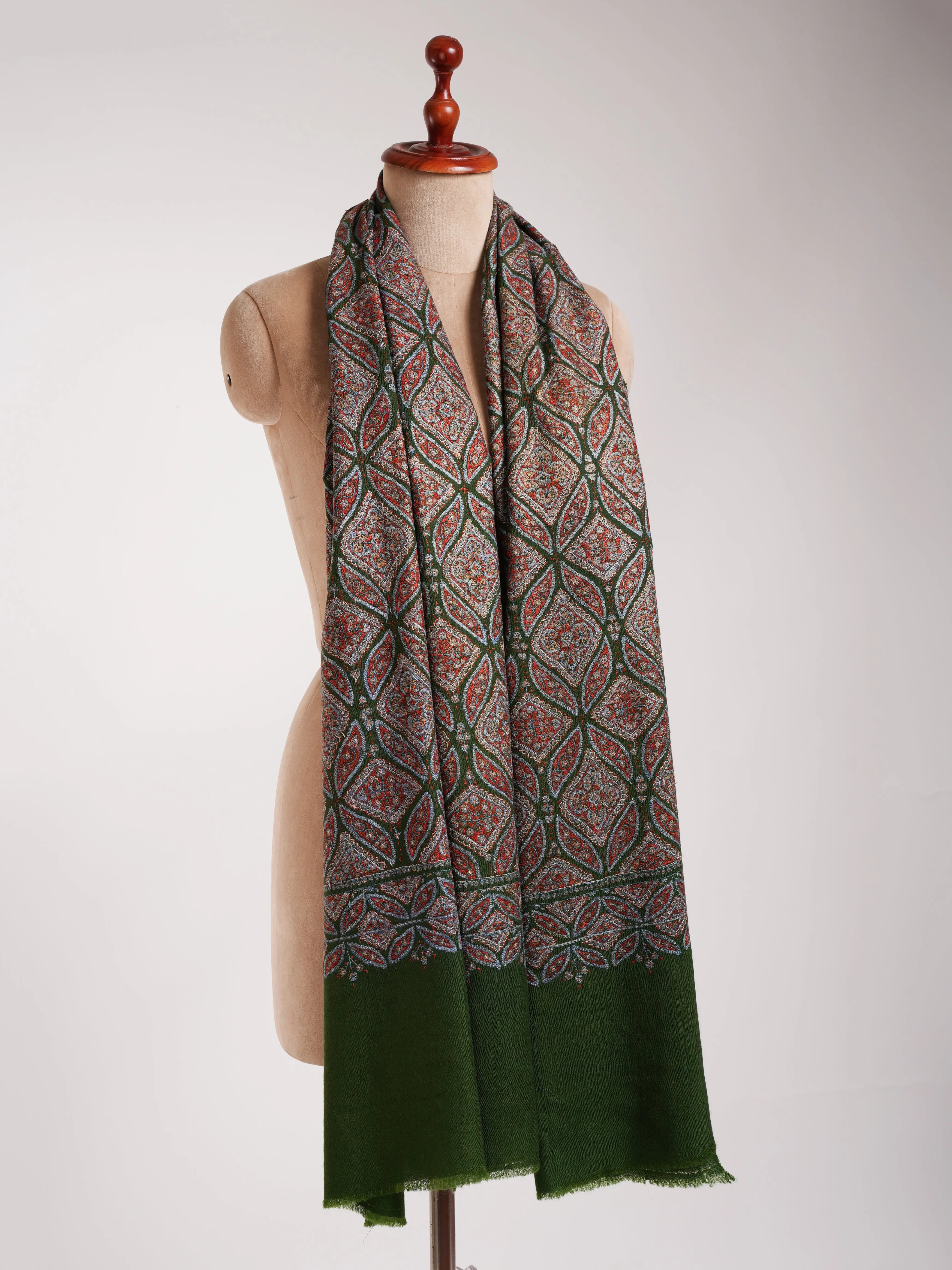 Dark Green Sozni Embroidered Pashmina Jamavar Shawl Shahkaar