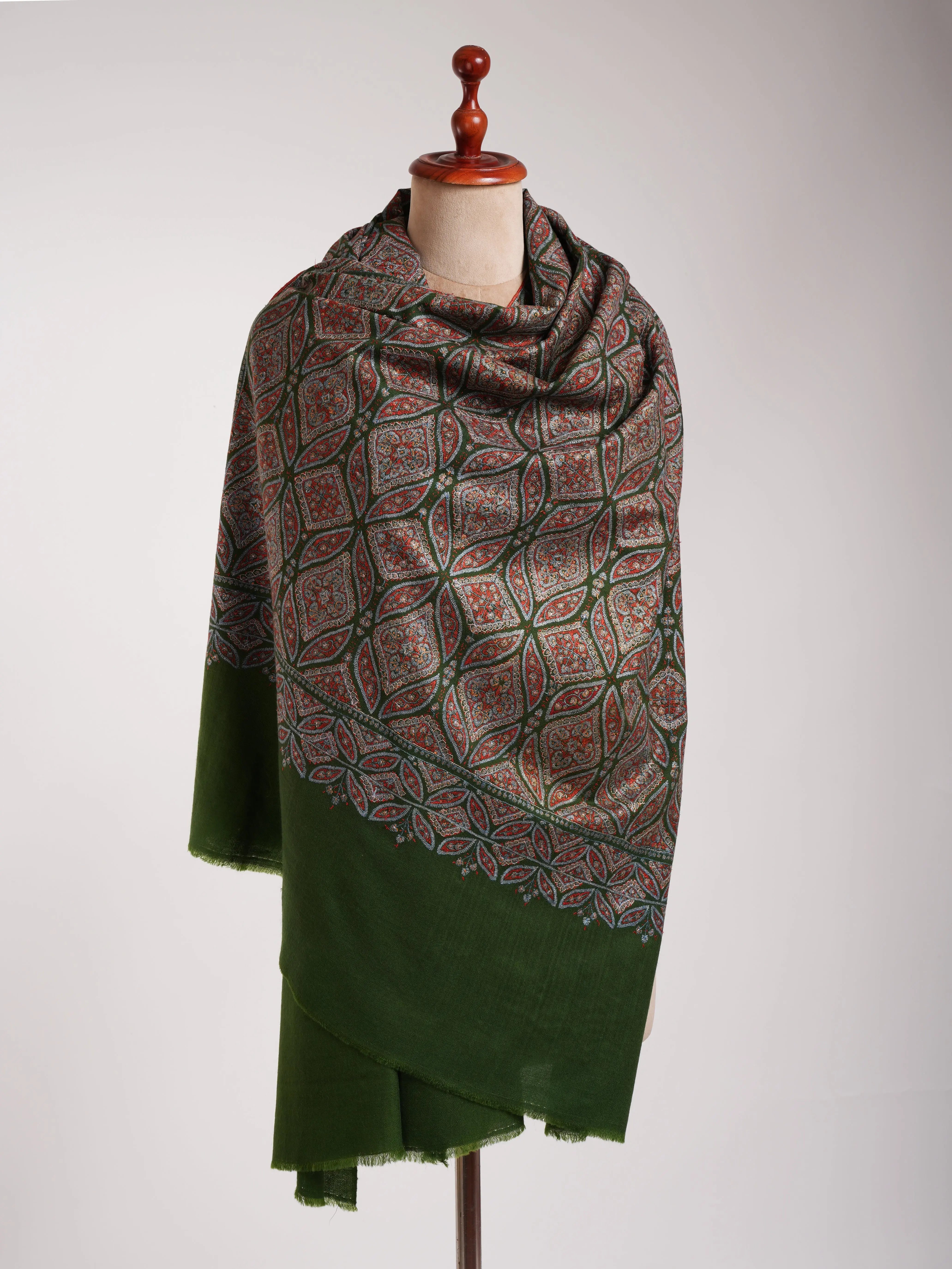 Dark Green Sozni Embroidered Pashmina Jamavar Shawl Shahkaar