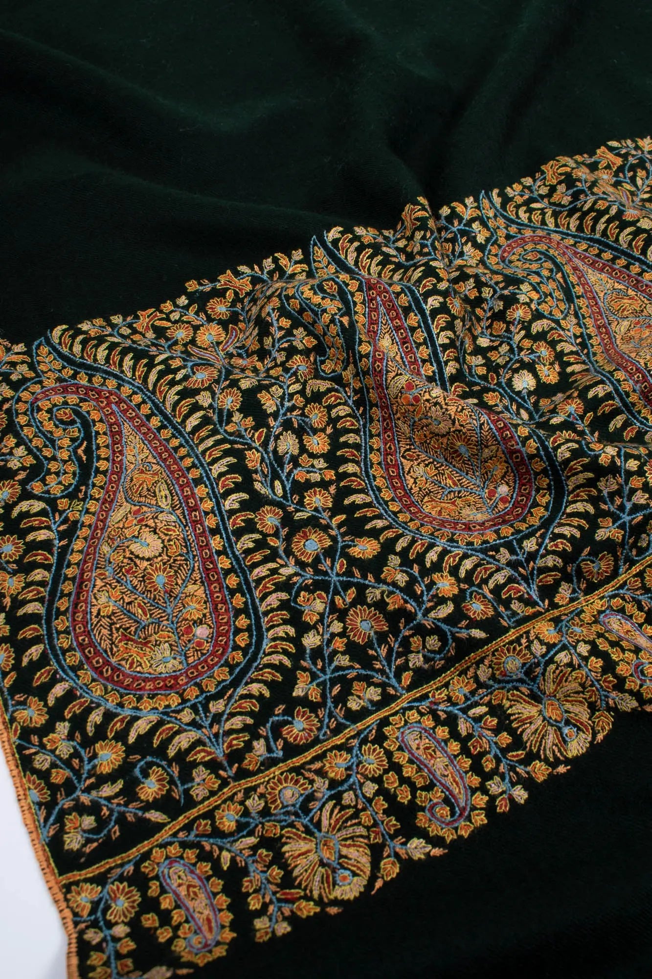 Deep Green Palla Embroidered Pashmina Shawl - NEWTOWN Shahkaar