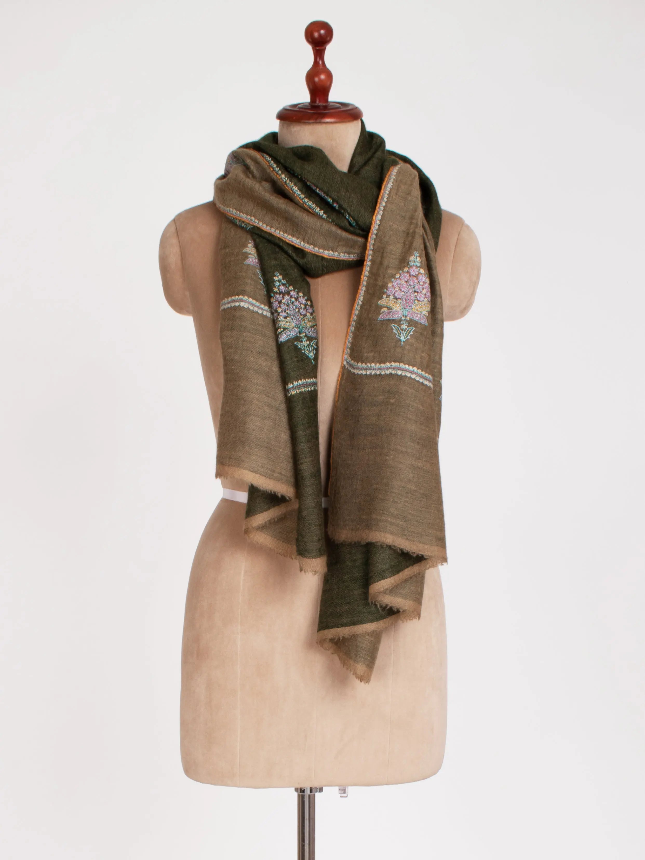 Dorukha Olive Indian Women Cashmere Scarf Shahkaar