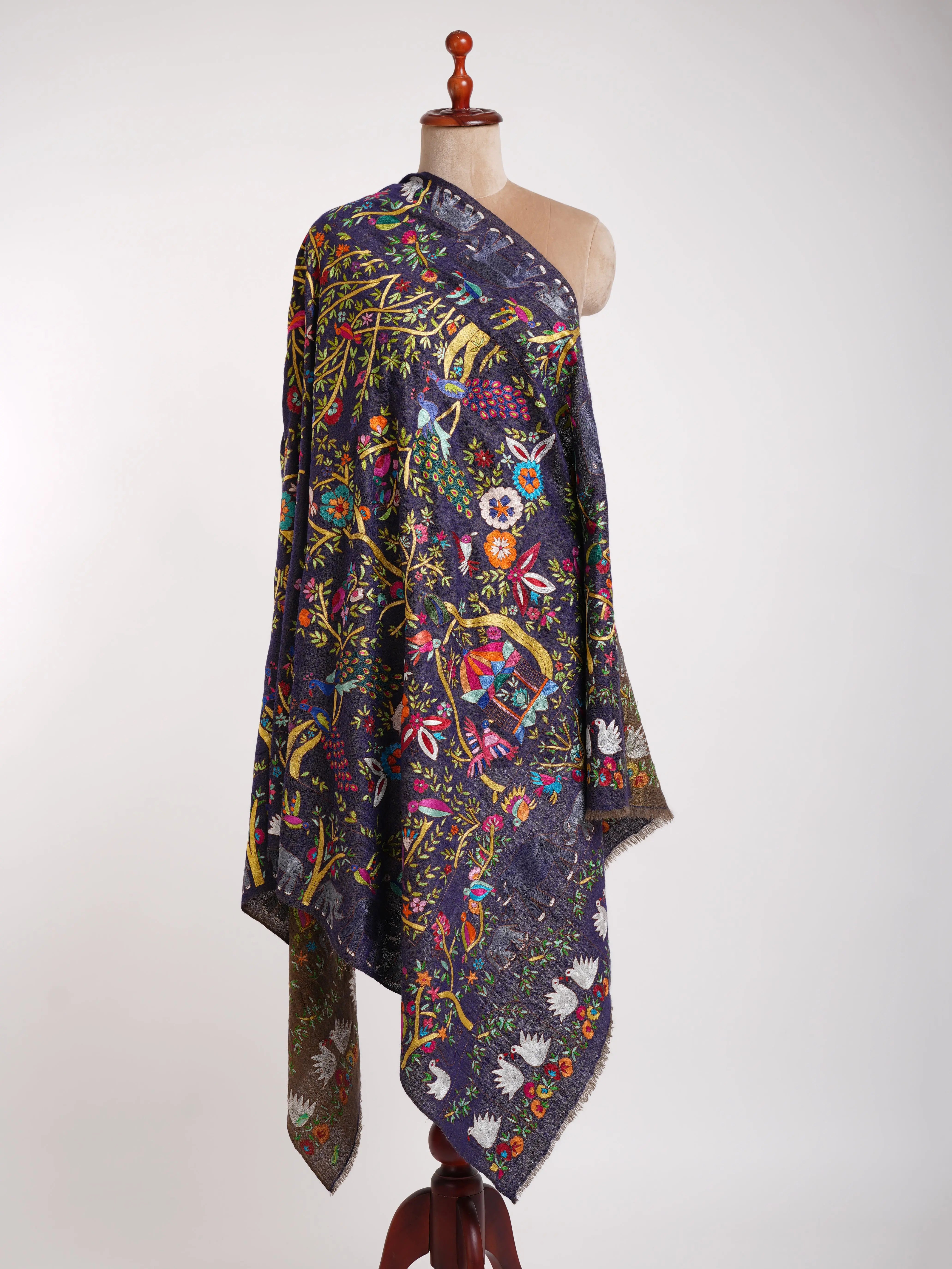 Dorukha Pashmina and Metallic Zari Kalamkari Shawl Shahkaar